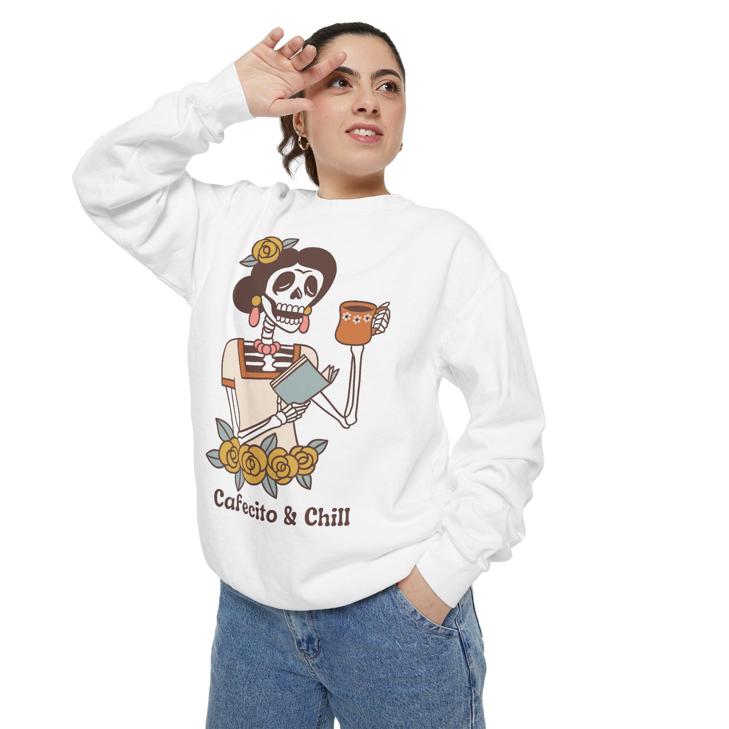 Sweatshirt - Cafecito & Chill with Catrina Drinking Coffee Design