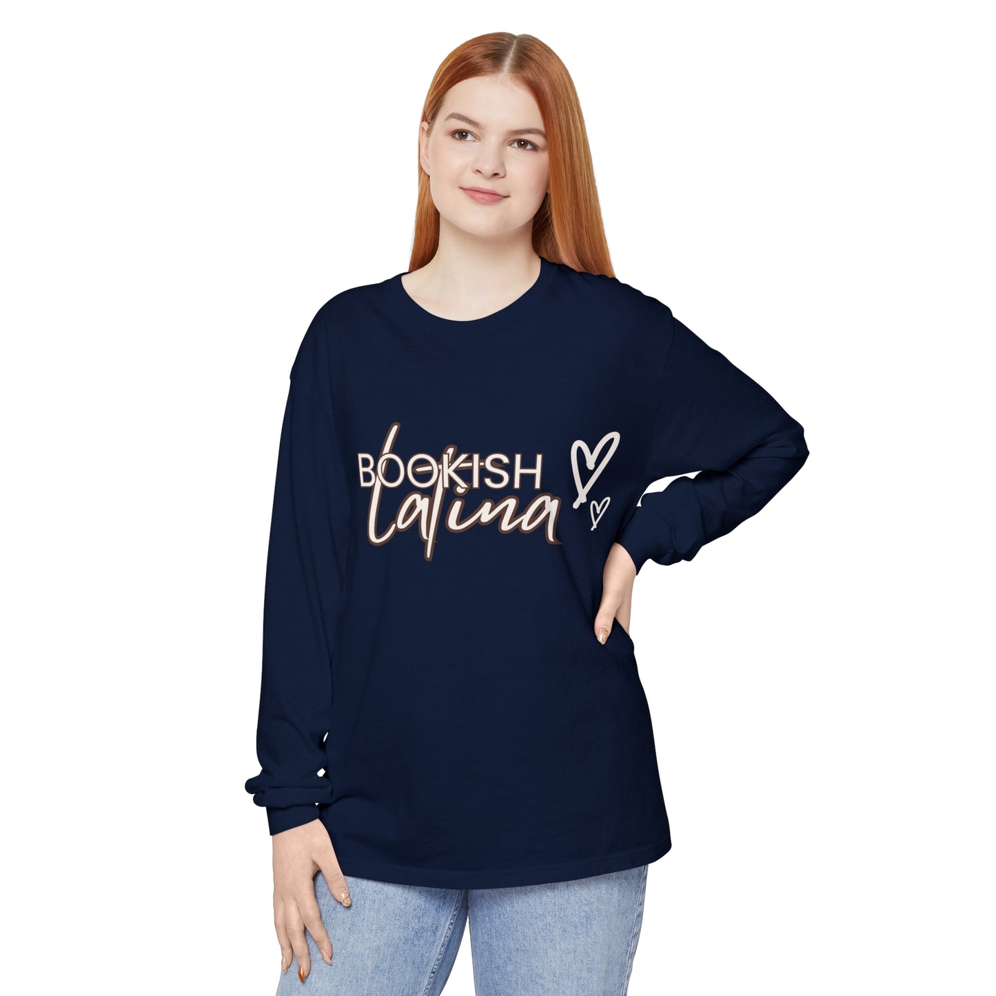 Bookish Latina Unisex Long Sleeve T-Shirt with Two Hearts Design