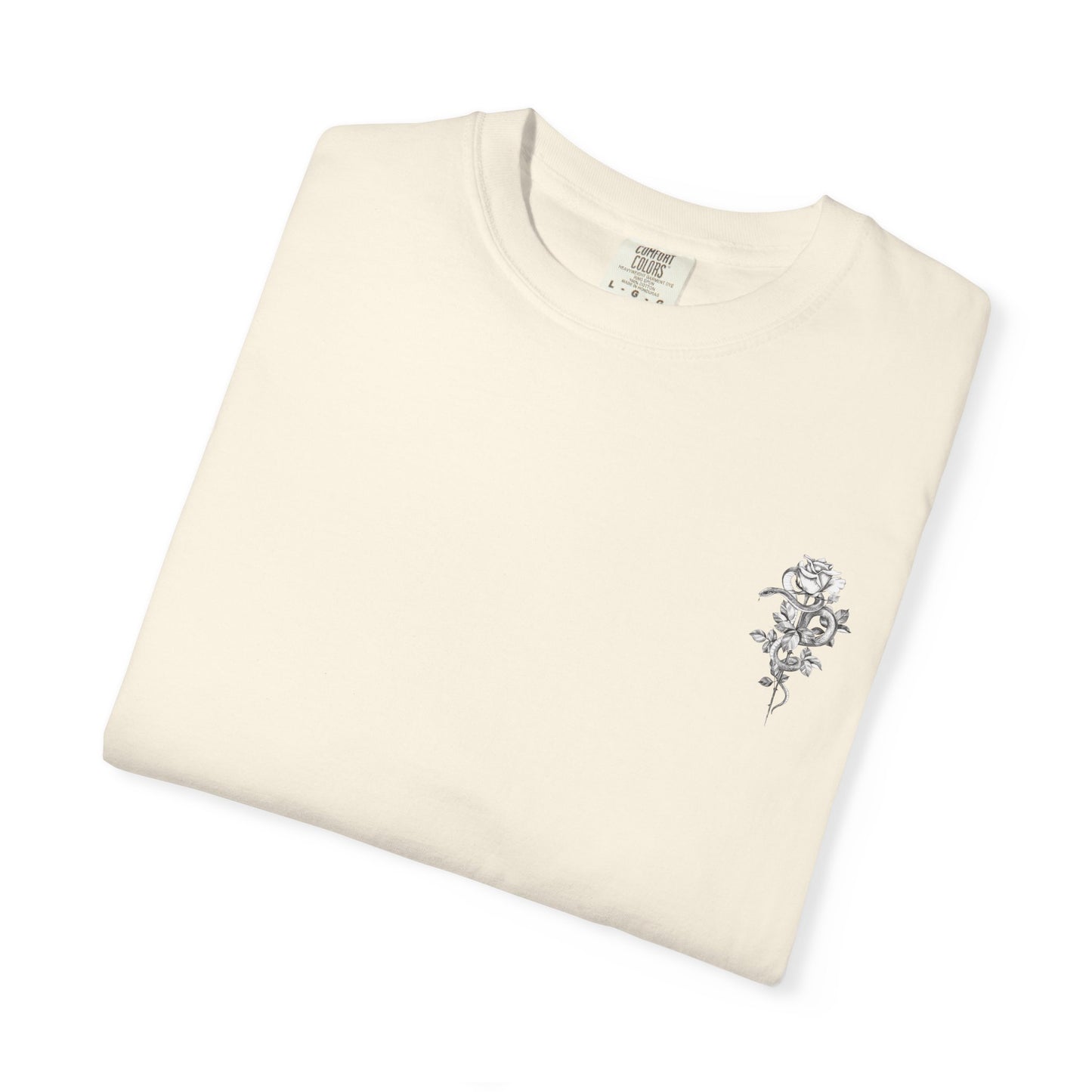 Unisex Garment-Dyed T-shirt with mala hierba nunca muere, rose, and serpent design