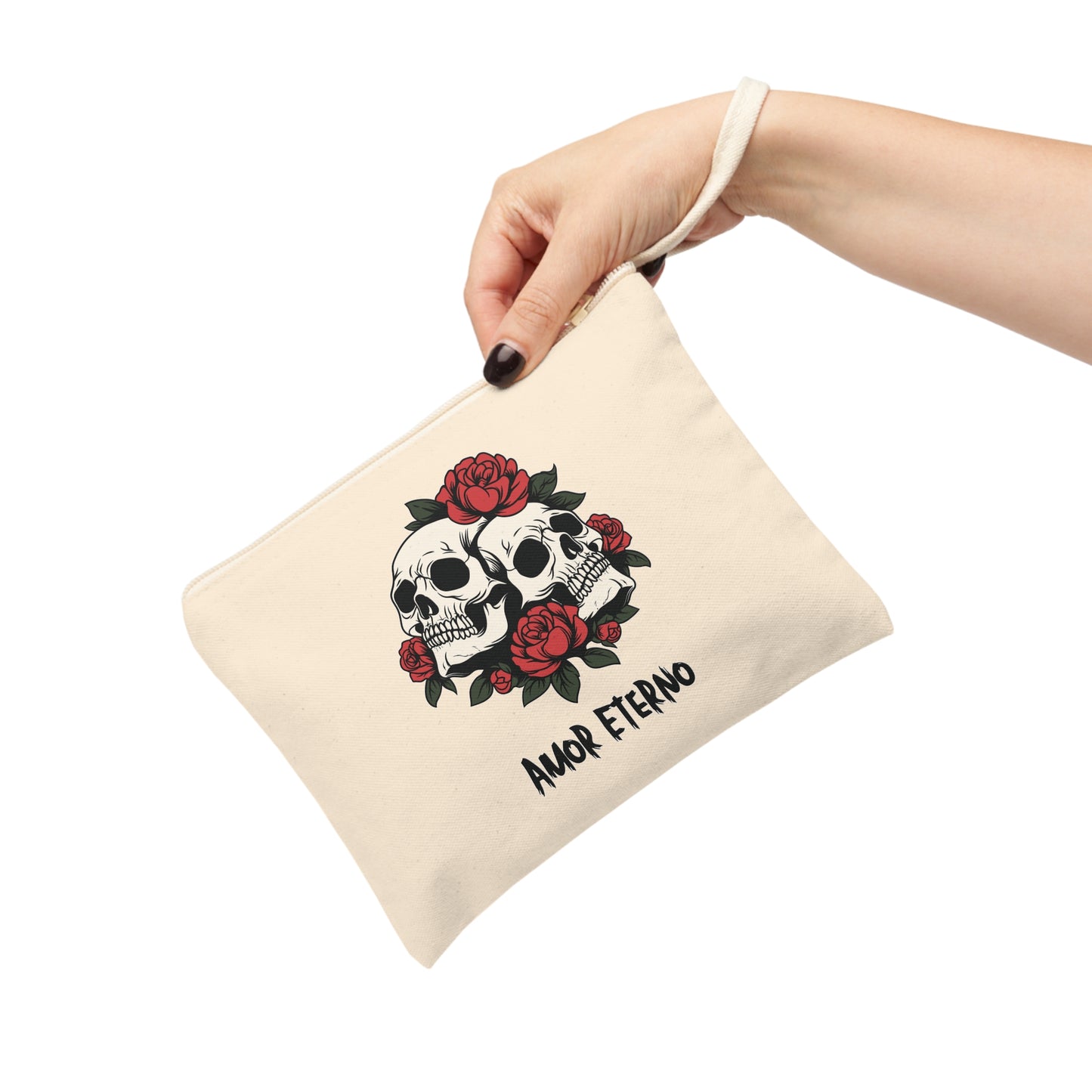 Zipper Pouch - Amor Eterno Skulls and Red Roses Design