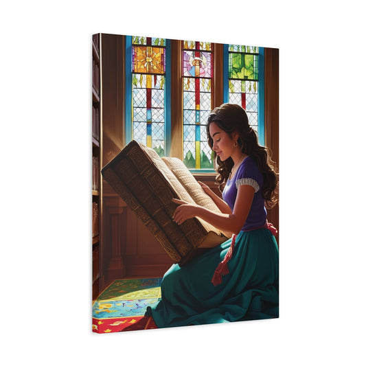 Canvas Wall Art - Latina Reading Magical Book in Library