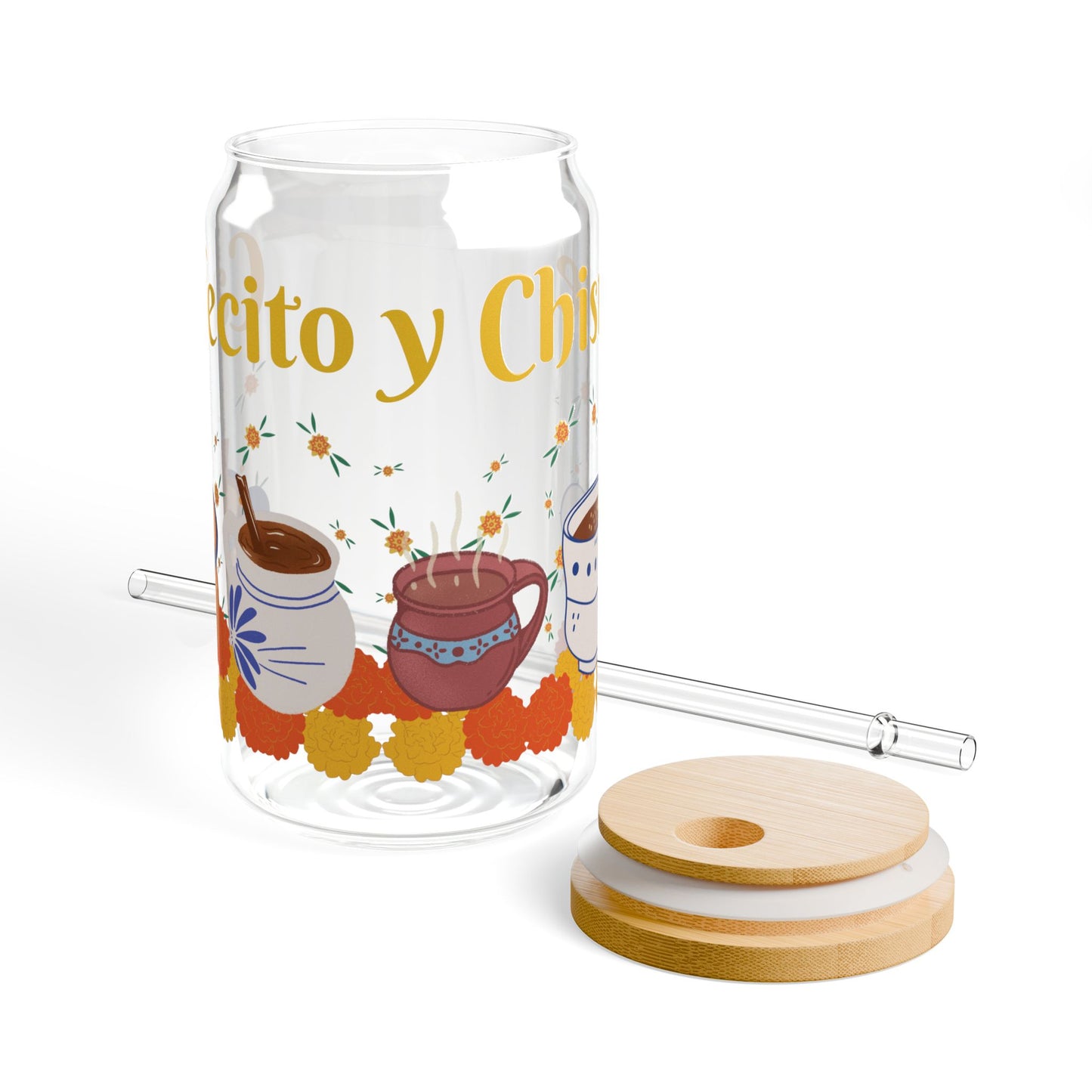 Cafecito Sipper Glass - 16oz with Wooden Lid & Straw - Perfect for Coffee Lovers