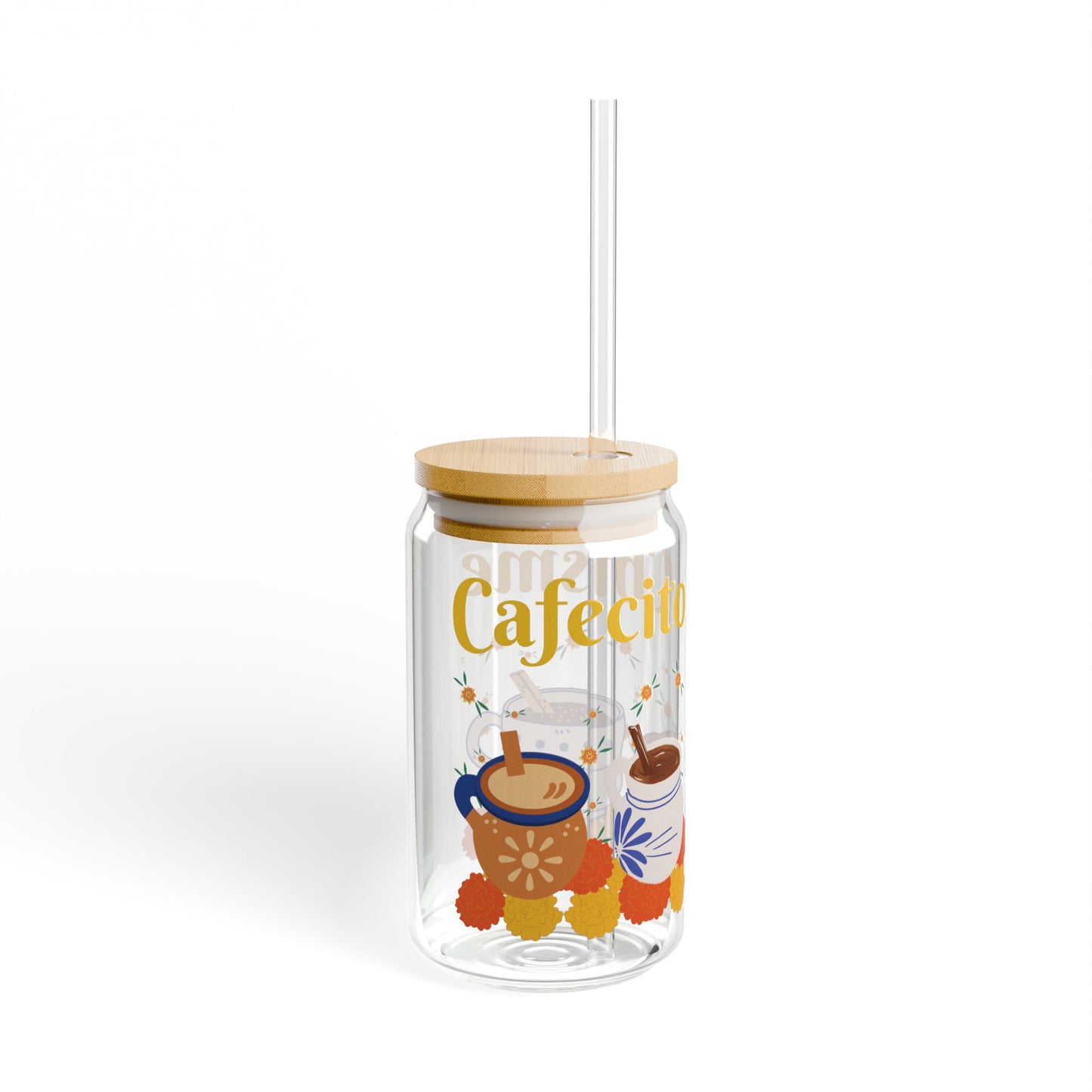 Cafecito Sipper Glass - 16oz with Wooden Lid & Straw - Perfect for Coffee Lovers
