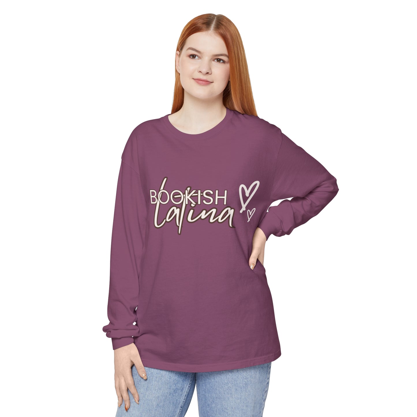 Bookish Latina Unisex Long Sleeve T-Shirt with Two Hearts Design