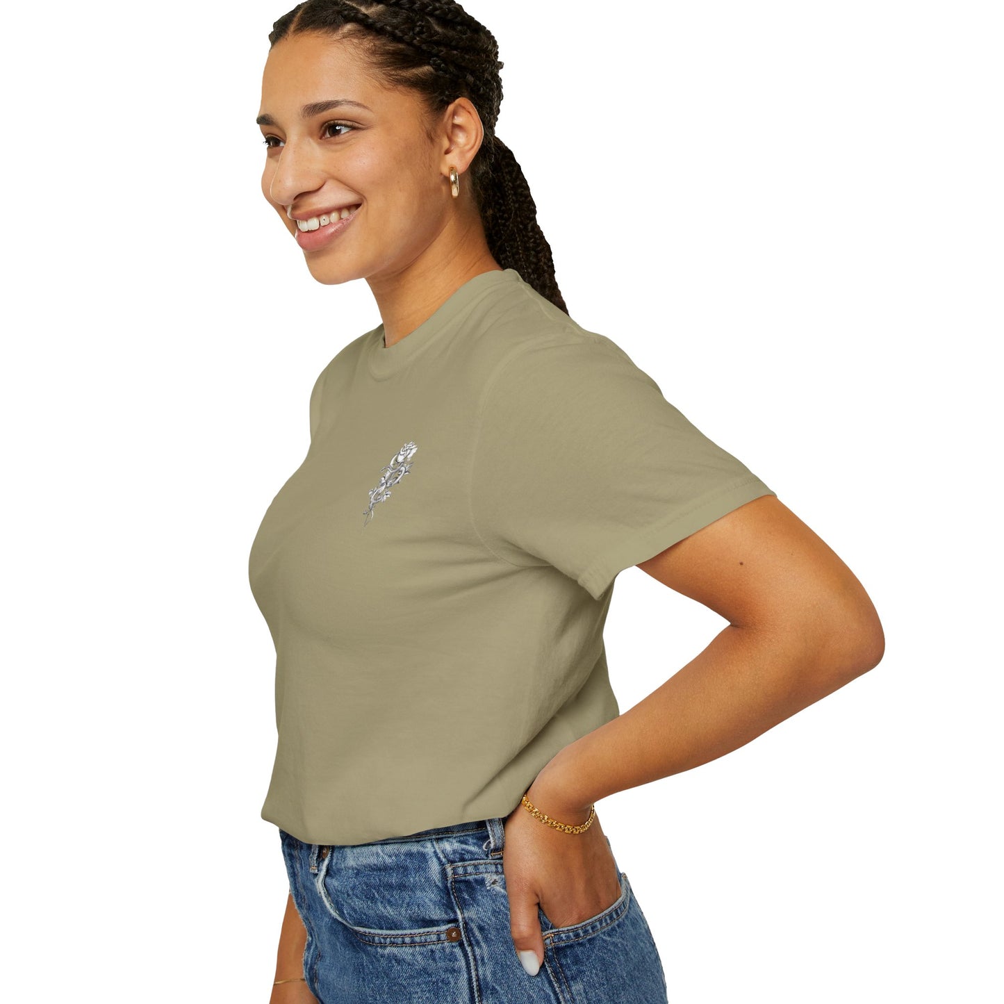 Unisex Garment-Dyed T-shirt with mala hierba nunca muere, rose, and serpent design
