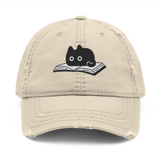 Distressed Hat - Embroidered Cat on Book