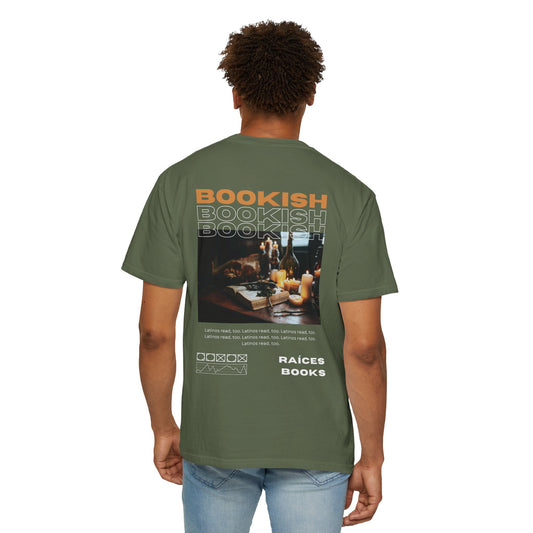 Bookish Latino Garment-Dyed T-shirt with Candles and Books Design