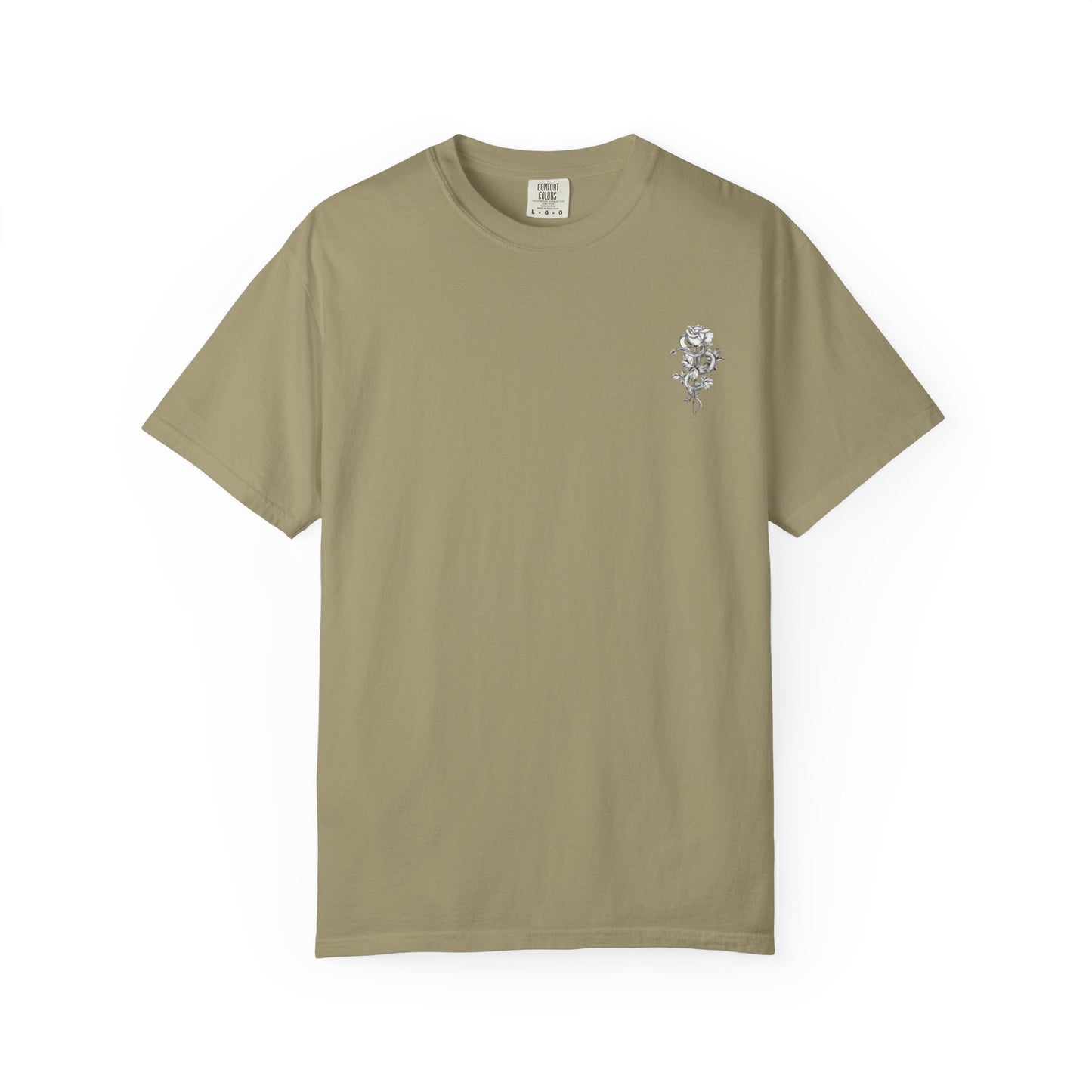 Unisex Garment-Dyed T-shirt with mala hierba nunca muere, rose, and serpent design
