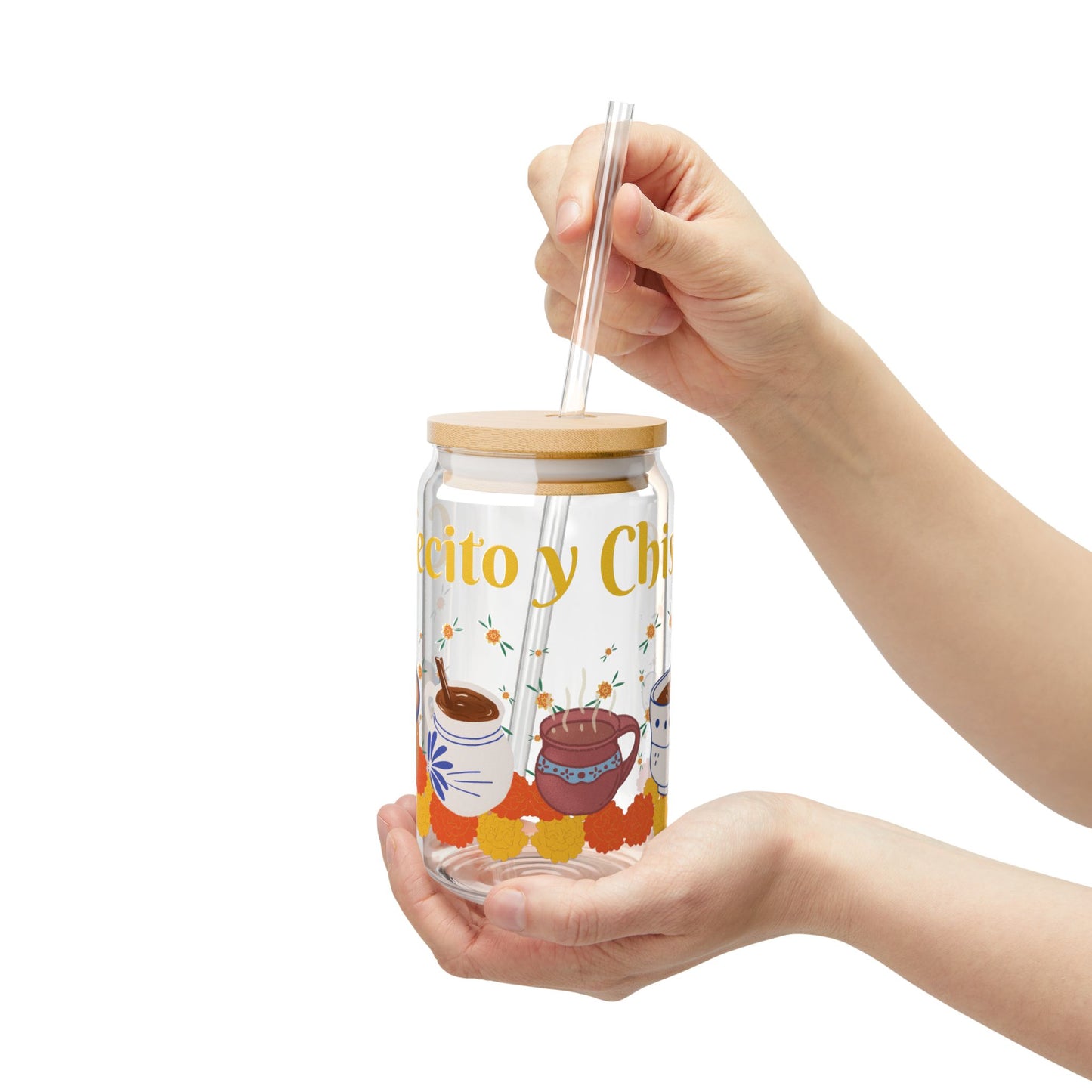 Cafecito Sipper Glass - 16oz with Wooden Lid & Straw - Perfect for Coffee Lovers