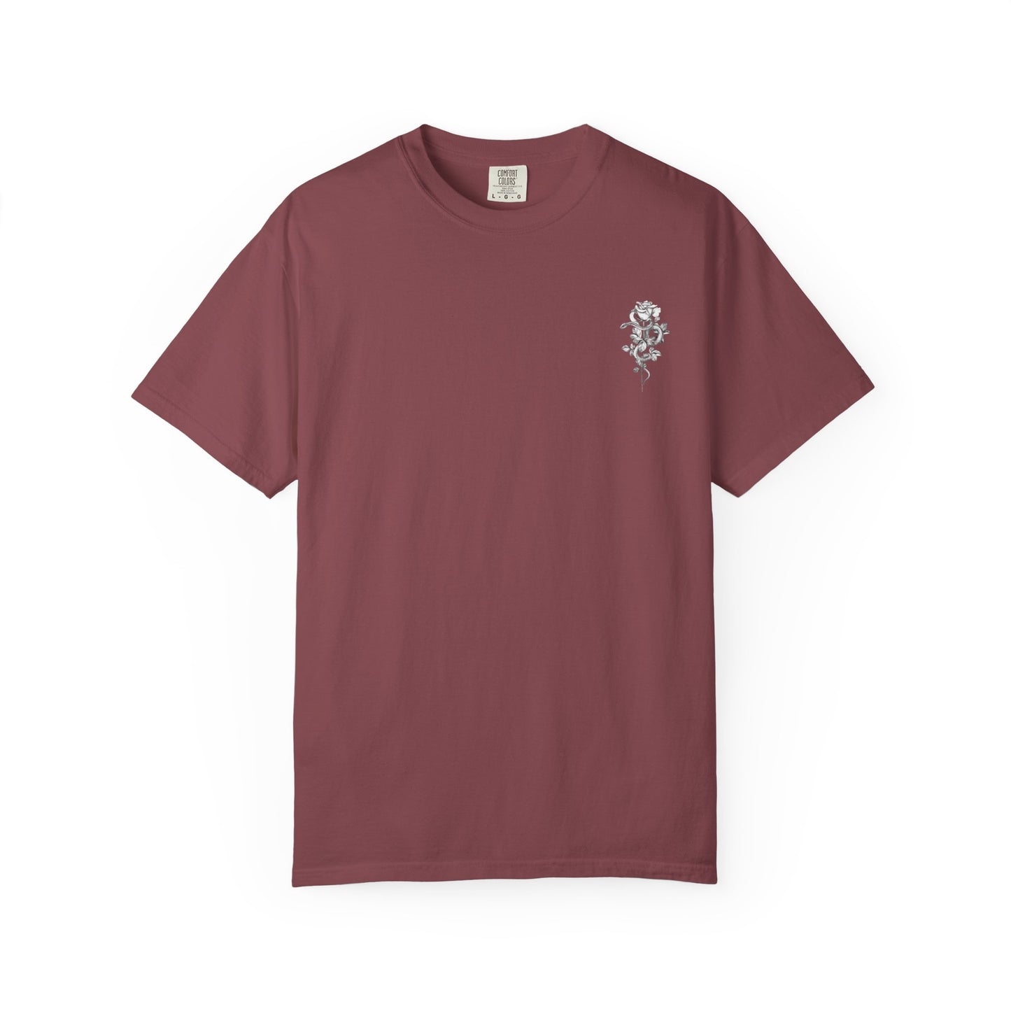 Unisex Garment-Dyed T-shirt with mala hierba nunca muere, rose, and serpent design