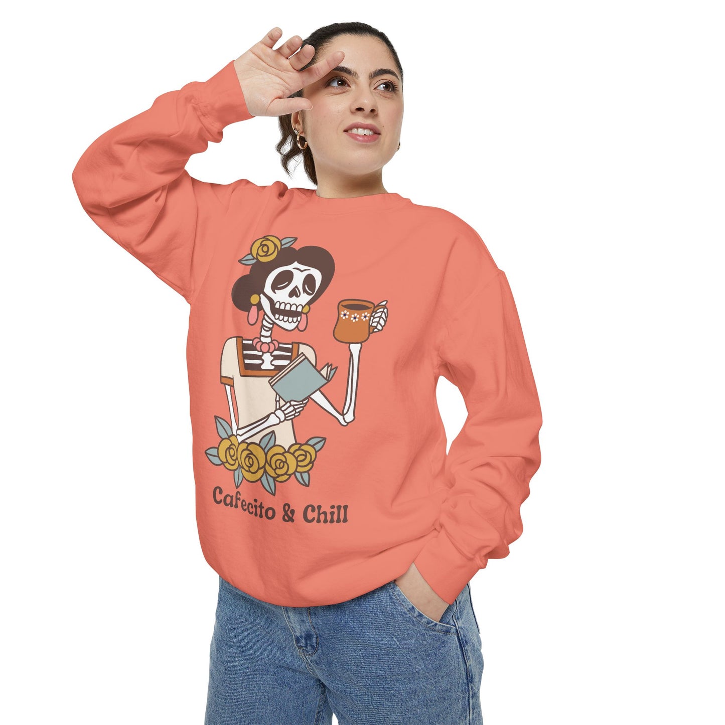 Sweatshirt - Cafecito & Chill with Catrina Drinking Coffee Design