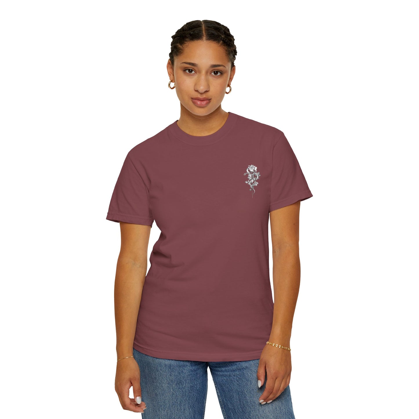 Unisex Garment-Dyed T-shirt with mala hierba nunca muere, rose, and serpent design