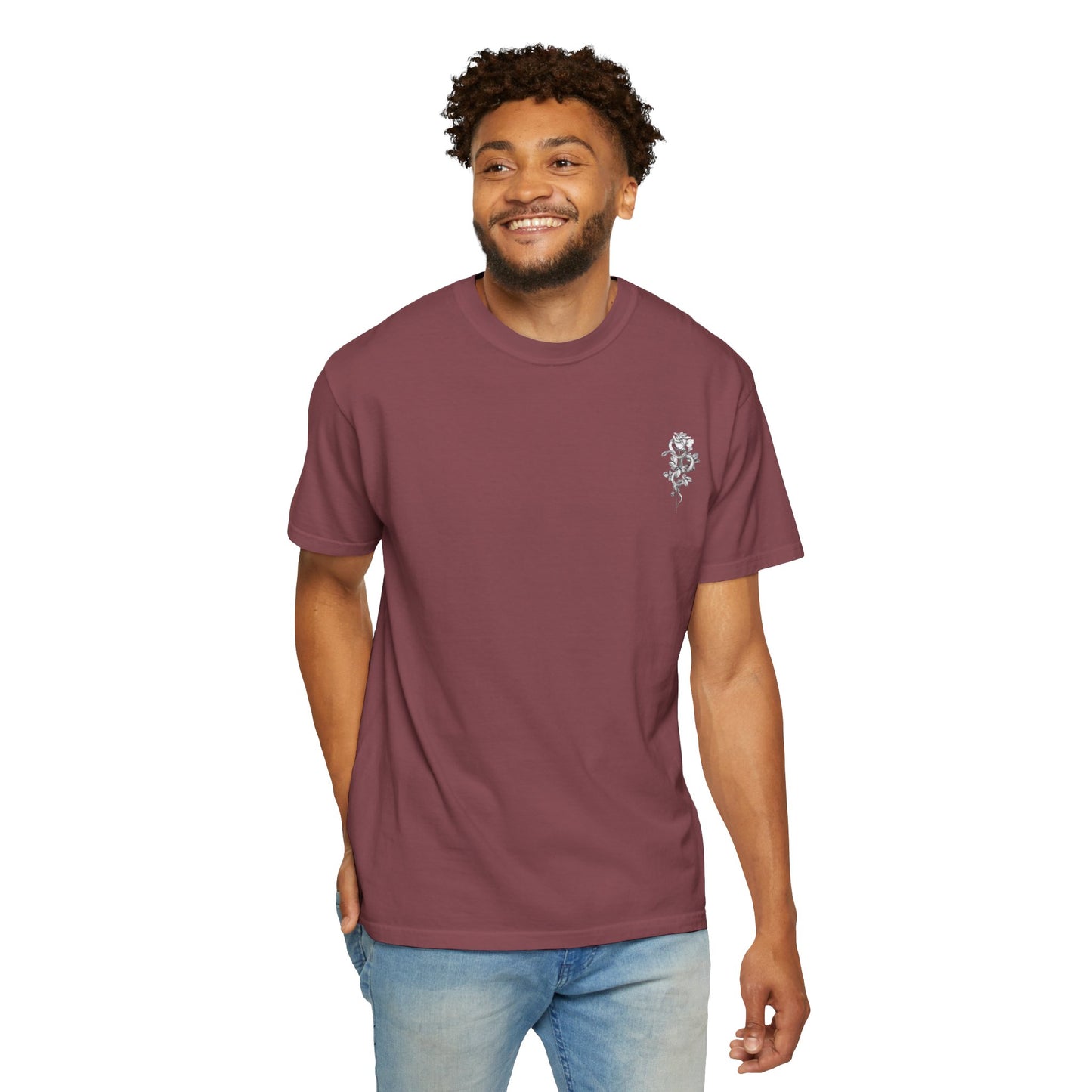 Unisex Garment-Dyed T-shirt with mala hierba nunca muere, rose, and serpent design