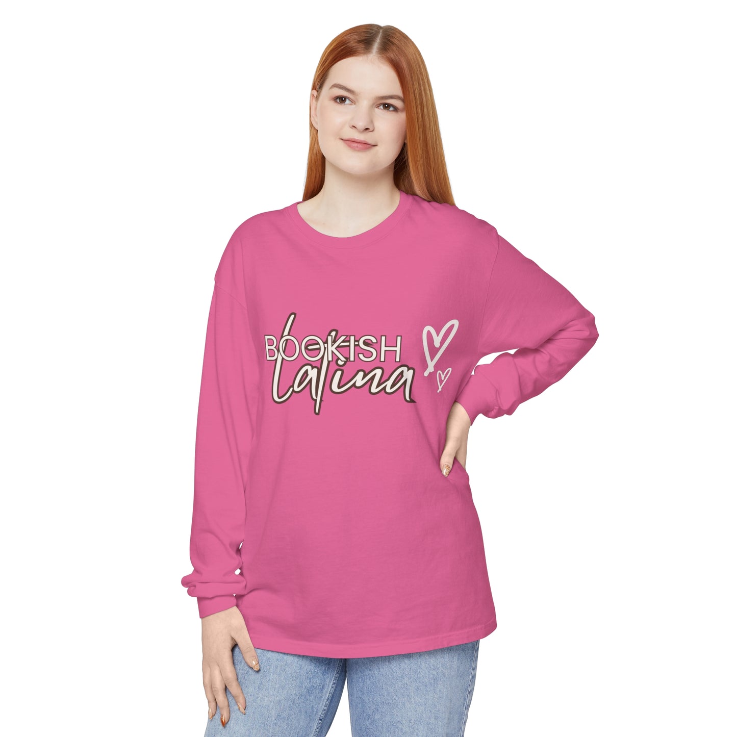 Bookish Latina Unisex Long Sleeve T-Shirt with Two Hearts Design