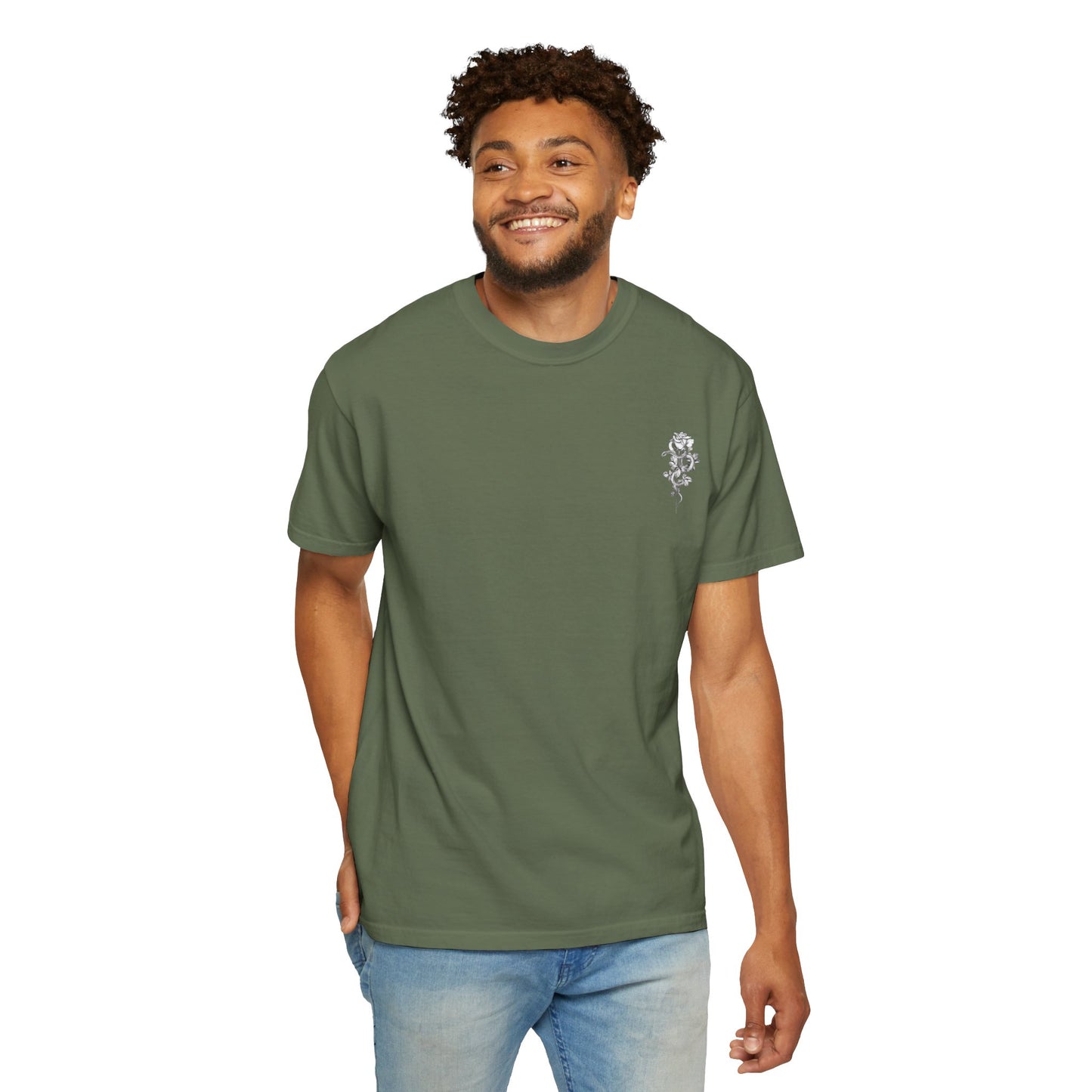 Unisex Garment-Dyed T-shirt with mala hierba nunca muere, rose, and serpent design