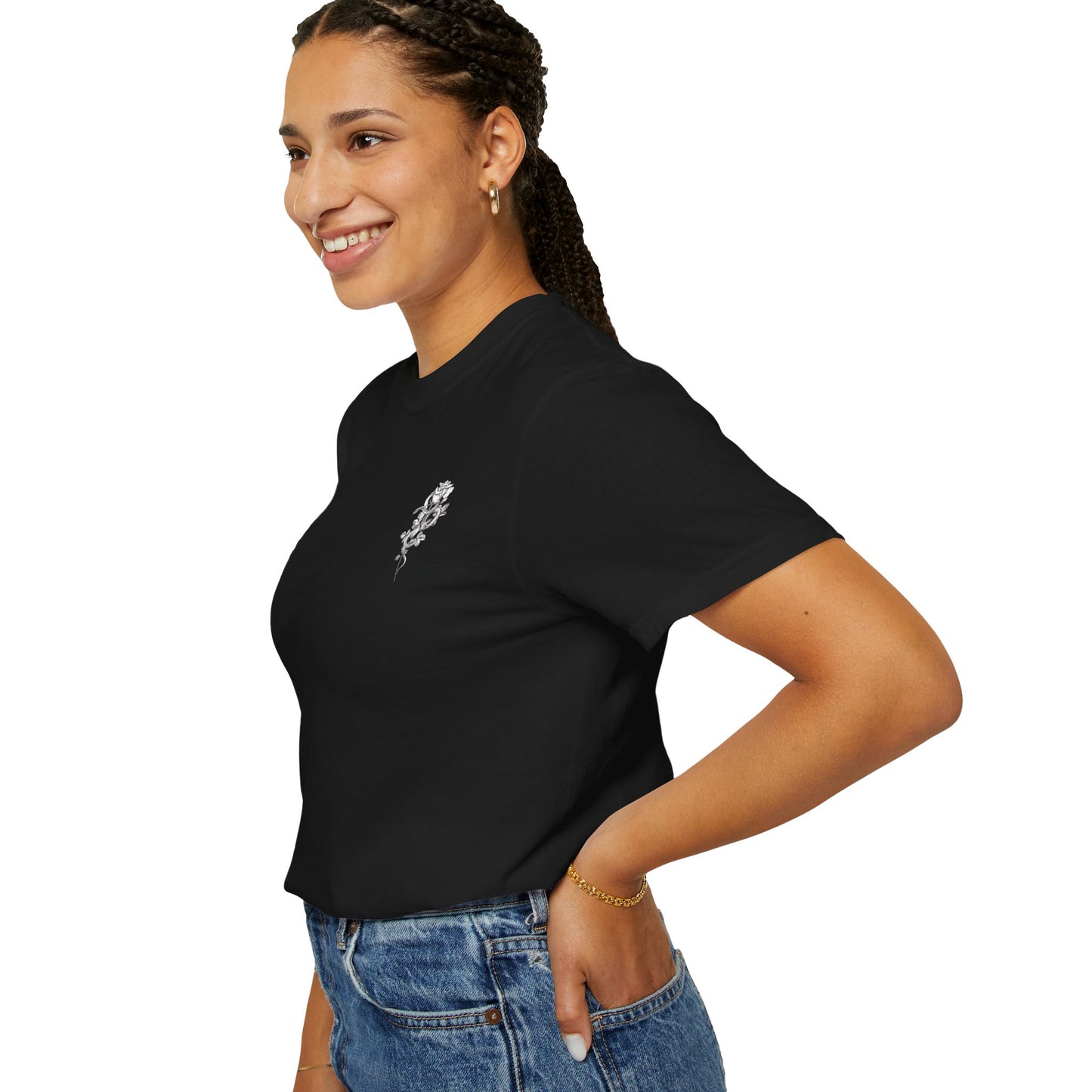 Unisex Garment-Dyed T-shirt with mala hierba nunca muere, rose, and serpent design