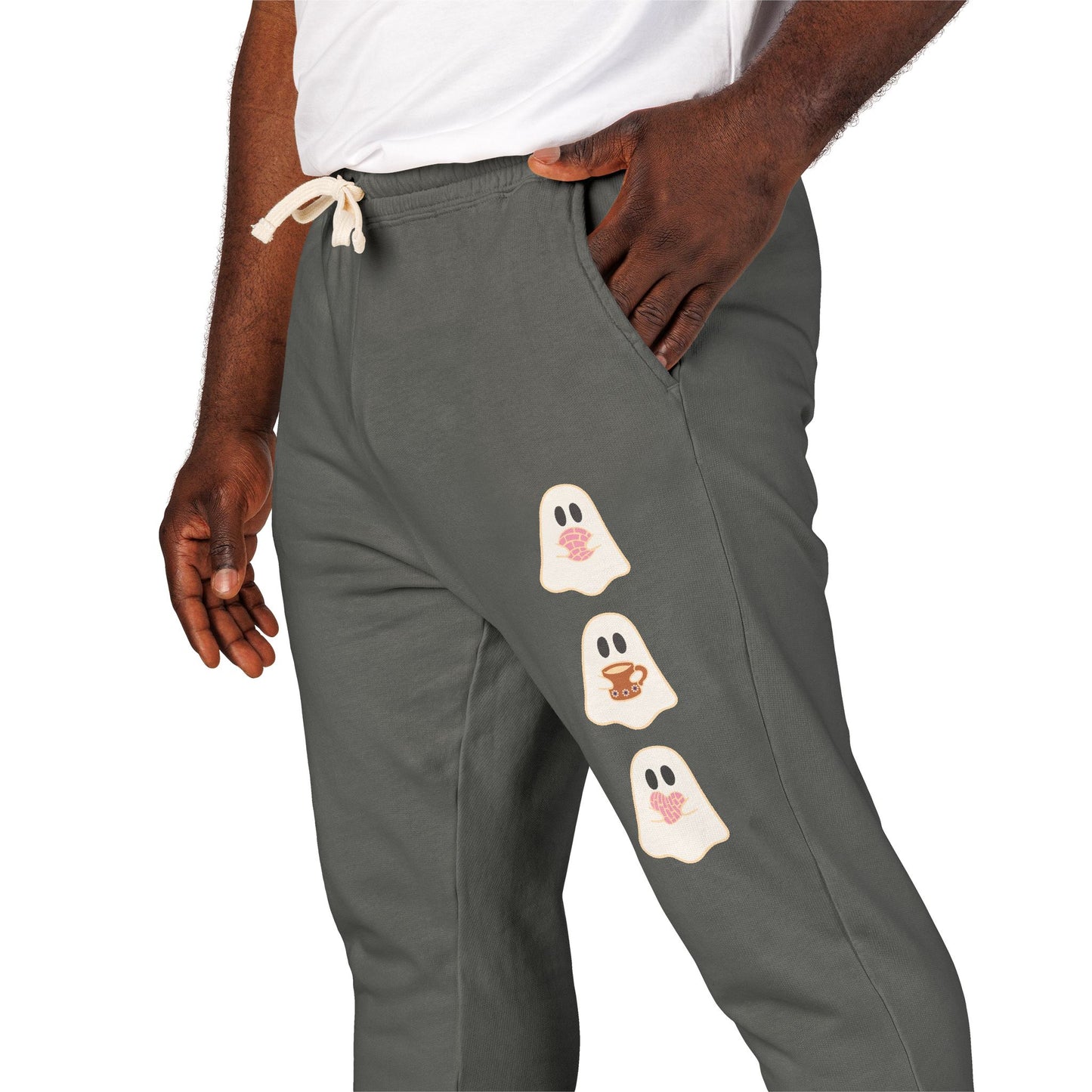 Fleece Sweatpants - Concha Season with Ghosts Eating Conchas Design