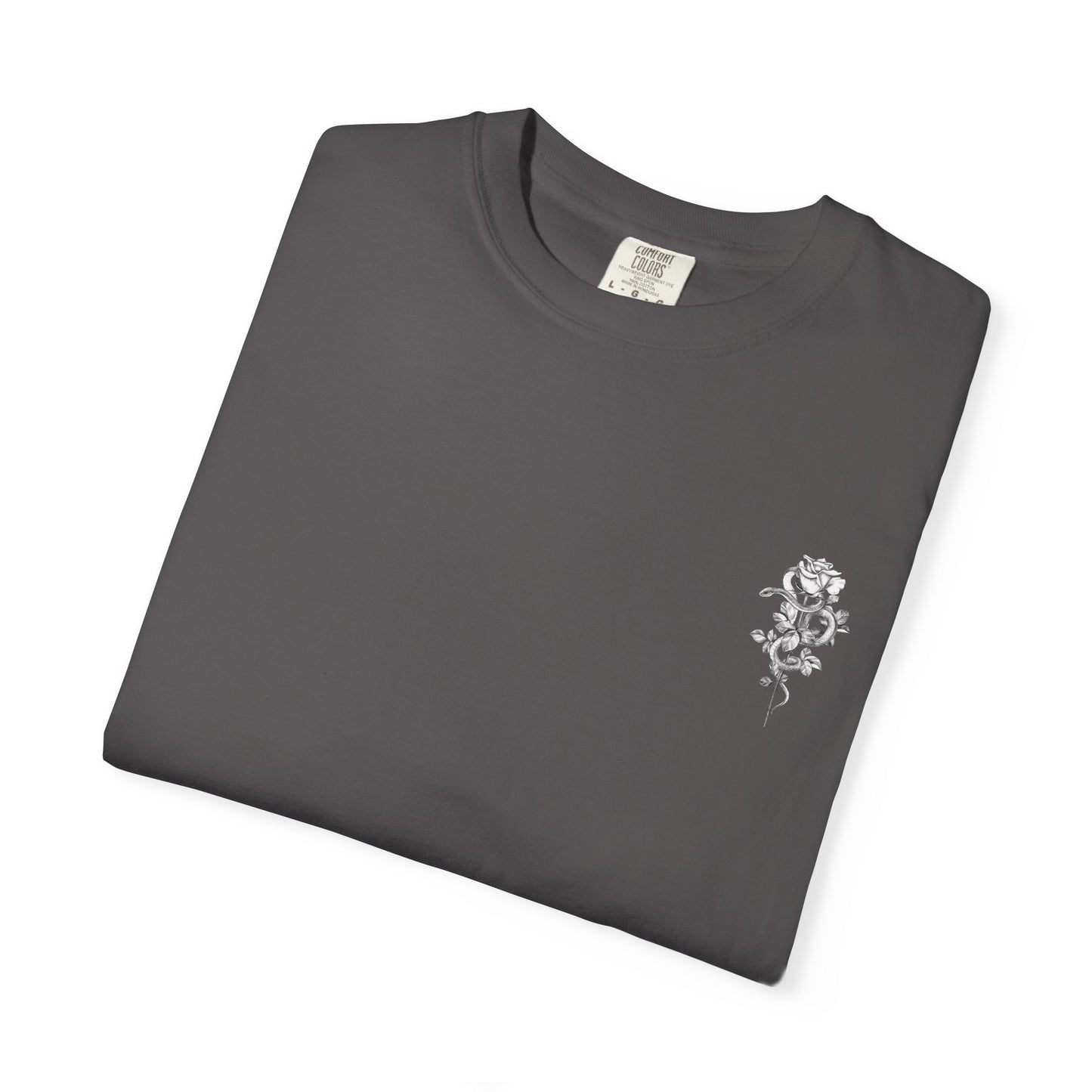 Unisex Garment-Dyed T-shirt with mala hierba nunca muere, rose, and serpent design