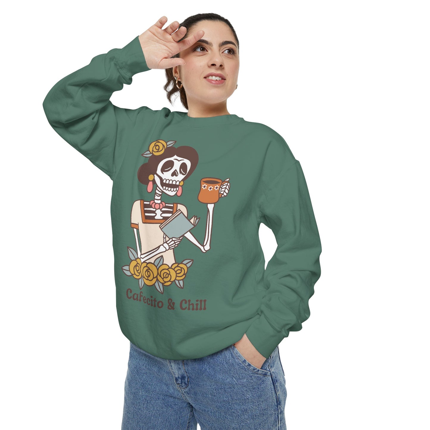 Sweatshirt - Cafecito & Chill with Catrina Drinking Coffee Design