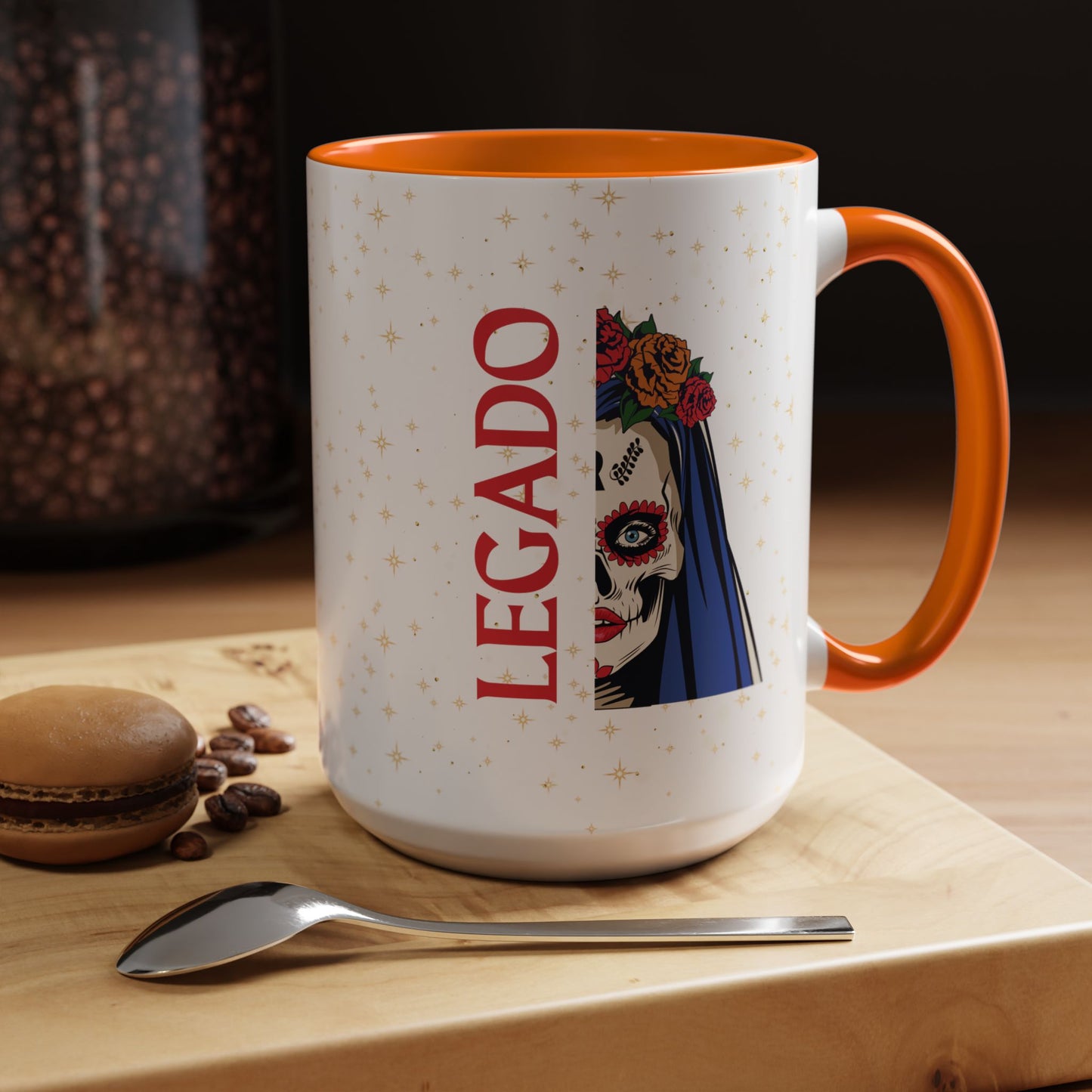 Mug with legado and half catrina face design