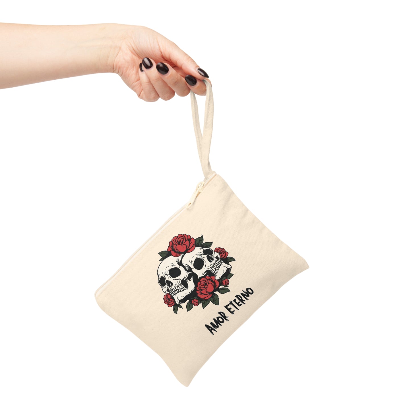 Zipper Pouch - Amor Eterno Skulls and Red Roses Design