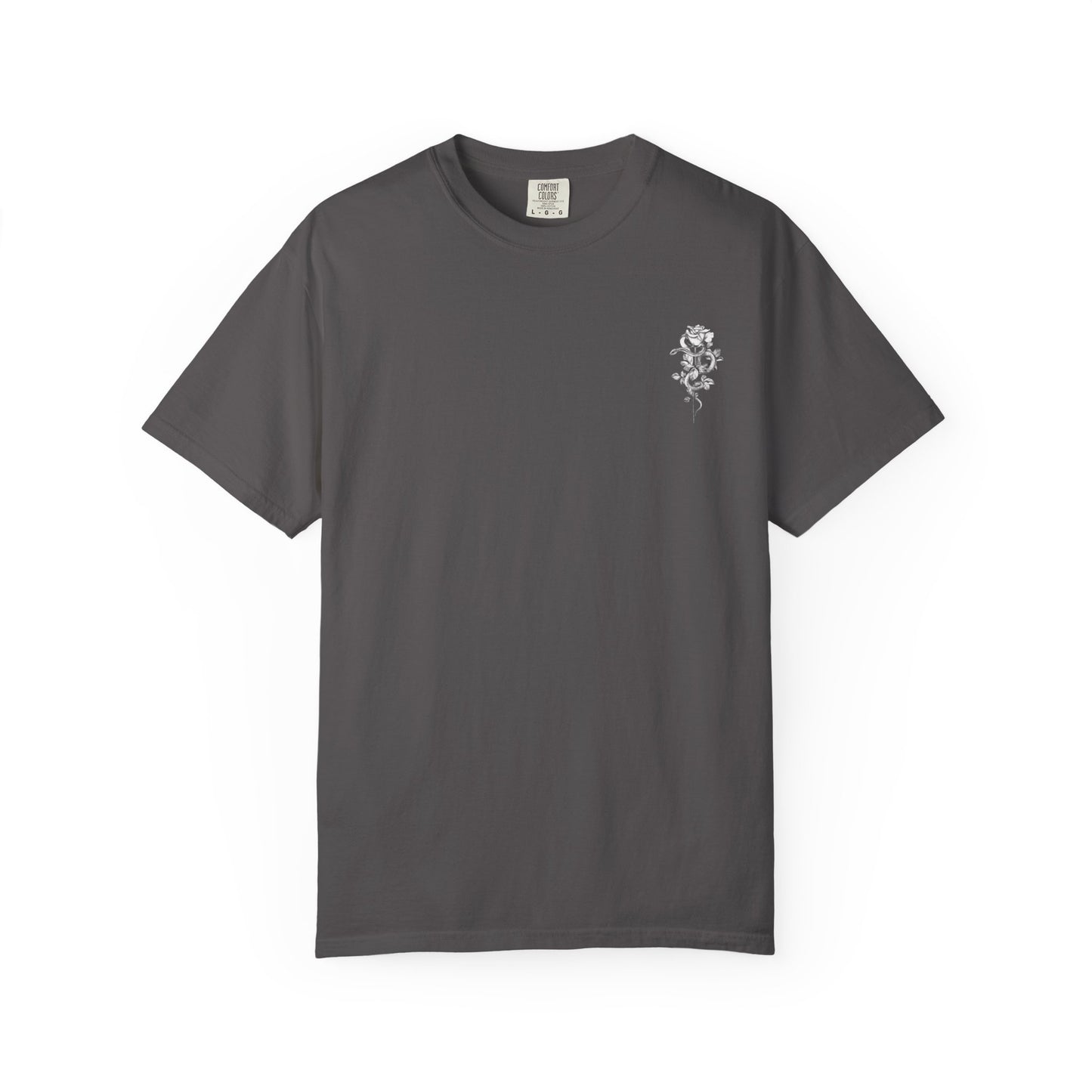 Unisex Garment-Dyed T-shirt with mala hierba nunca muere, rose, and serpent design