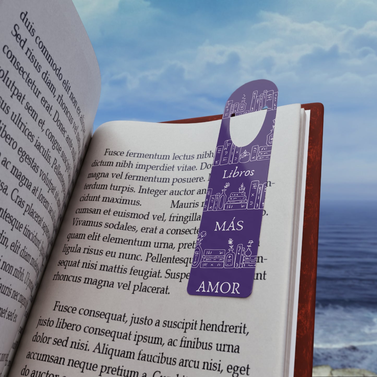 Bookmark - Mas Libros Mas Amor with Library and Flowers