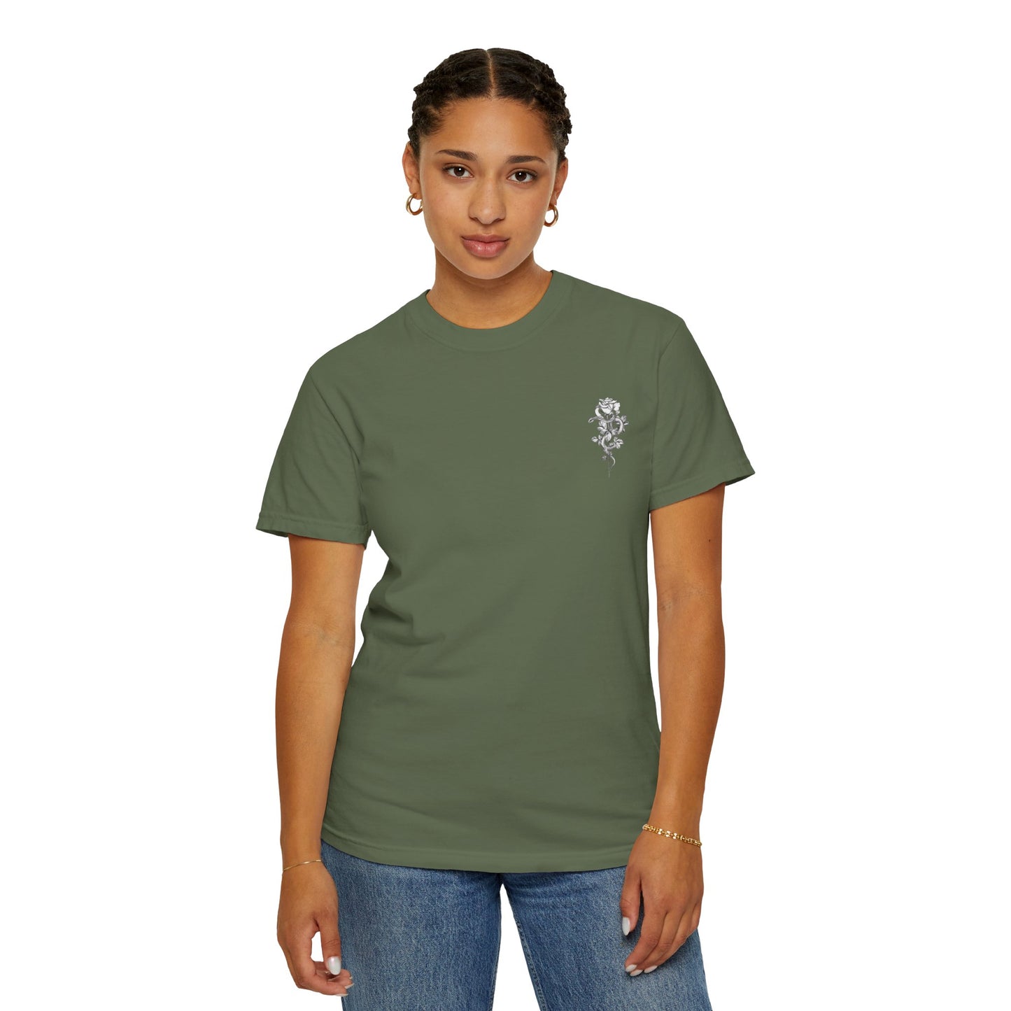 Unisex Garment-Dyed T-shirt with mala hierba nunca muere, rose, and serpent design