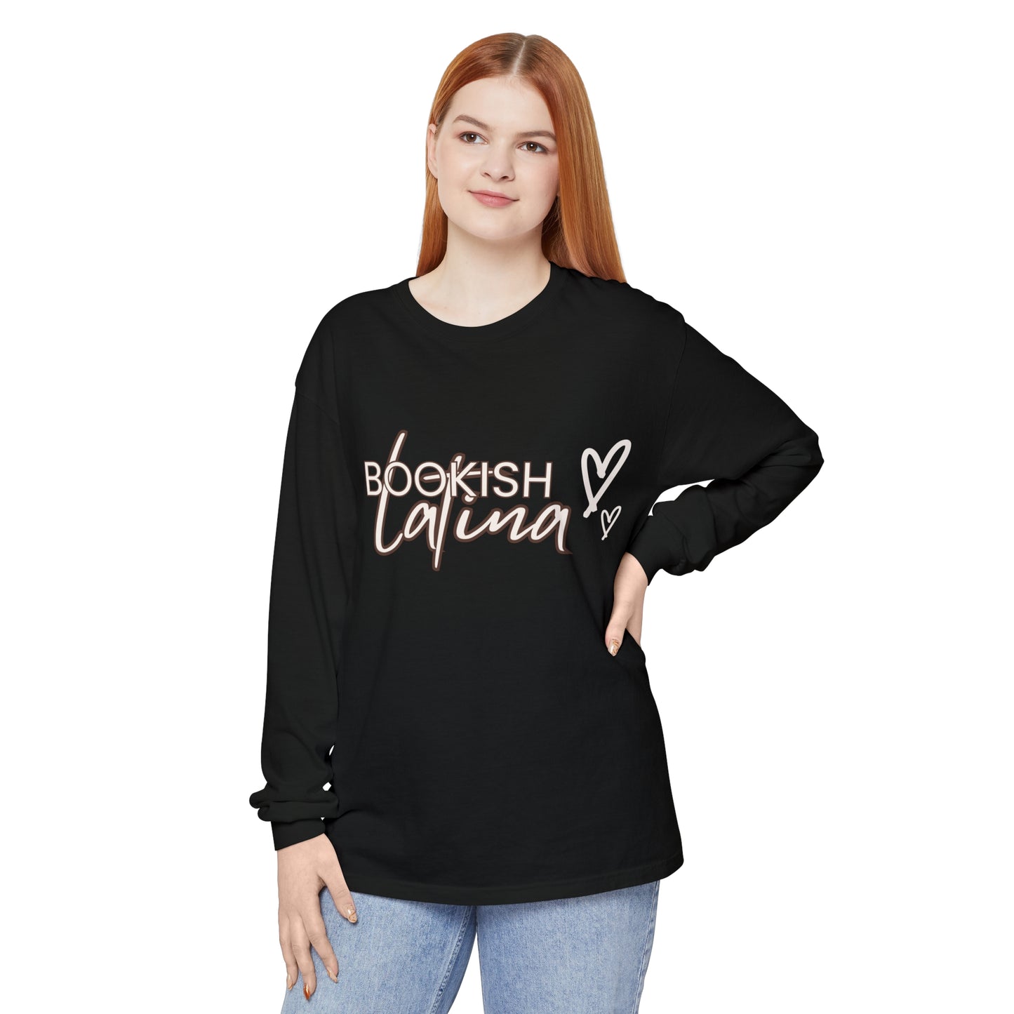 Bookish Latina Unisex Long Sleeve T-Shirt with Two Hearts Design