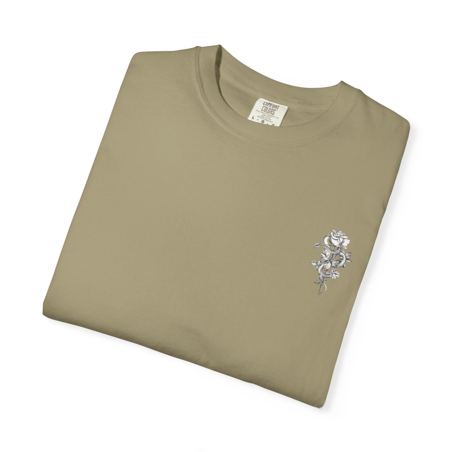 Unisex Garment-Dyed T-shirt with mala hierba nunca muere, rose, and serpent design