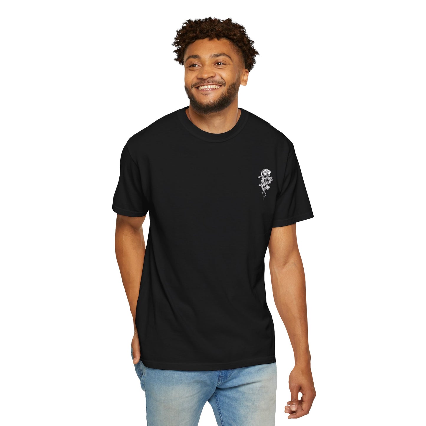 Unisex Garment-Dyed T-shirt with mala hierba nunca muere, rose, and serpent design