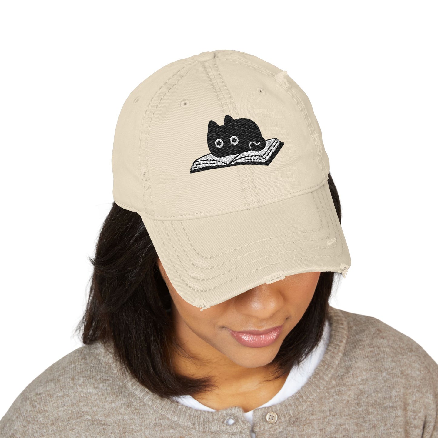 Distressed Hat - Embroidered Cat on Book