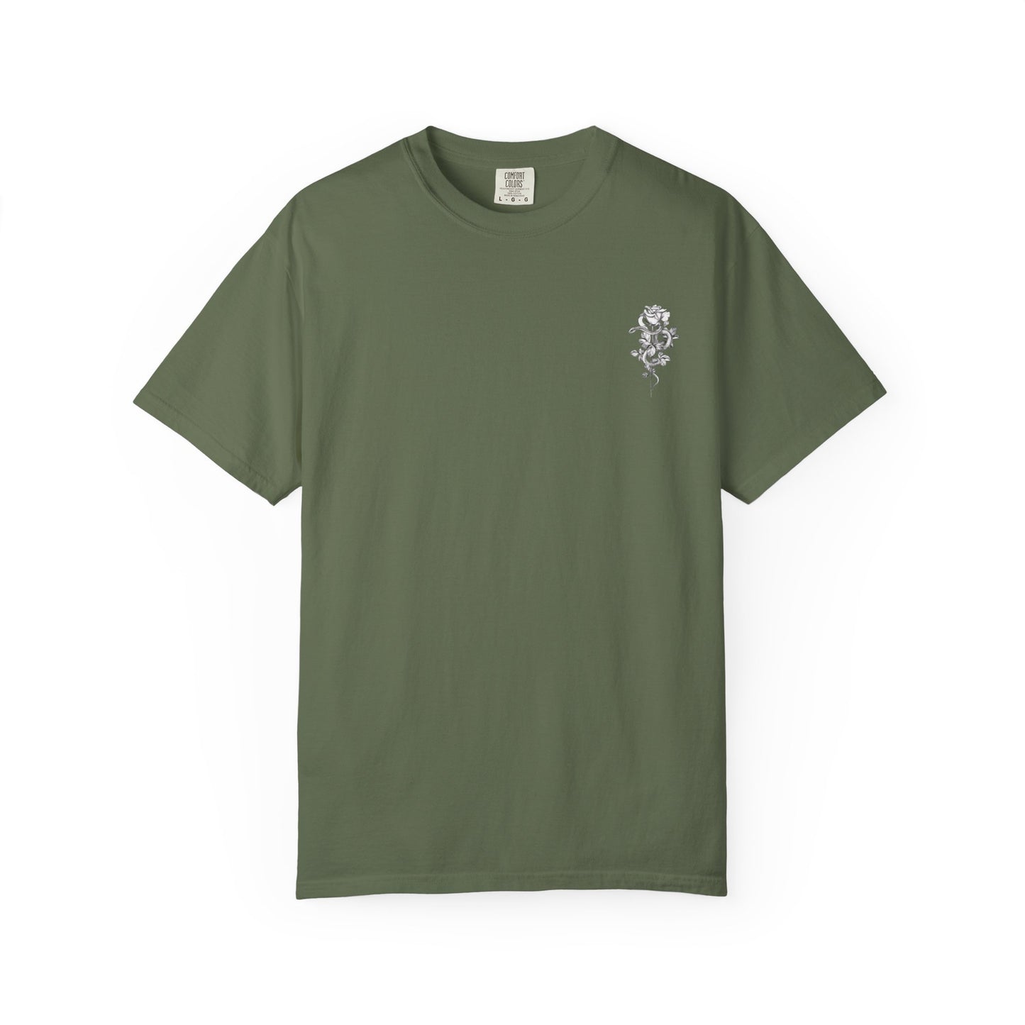 Unisex Garment-Dyed T-shirt with mala hierba nunca muere, rose, and serpent design