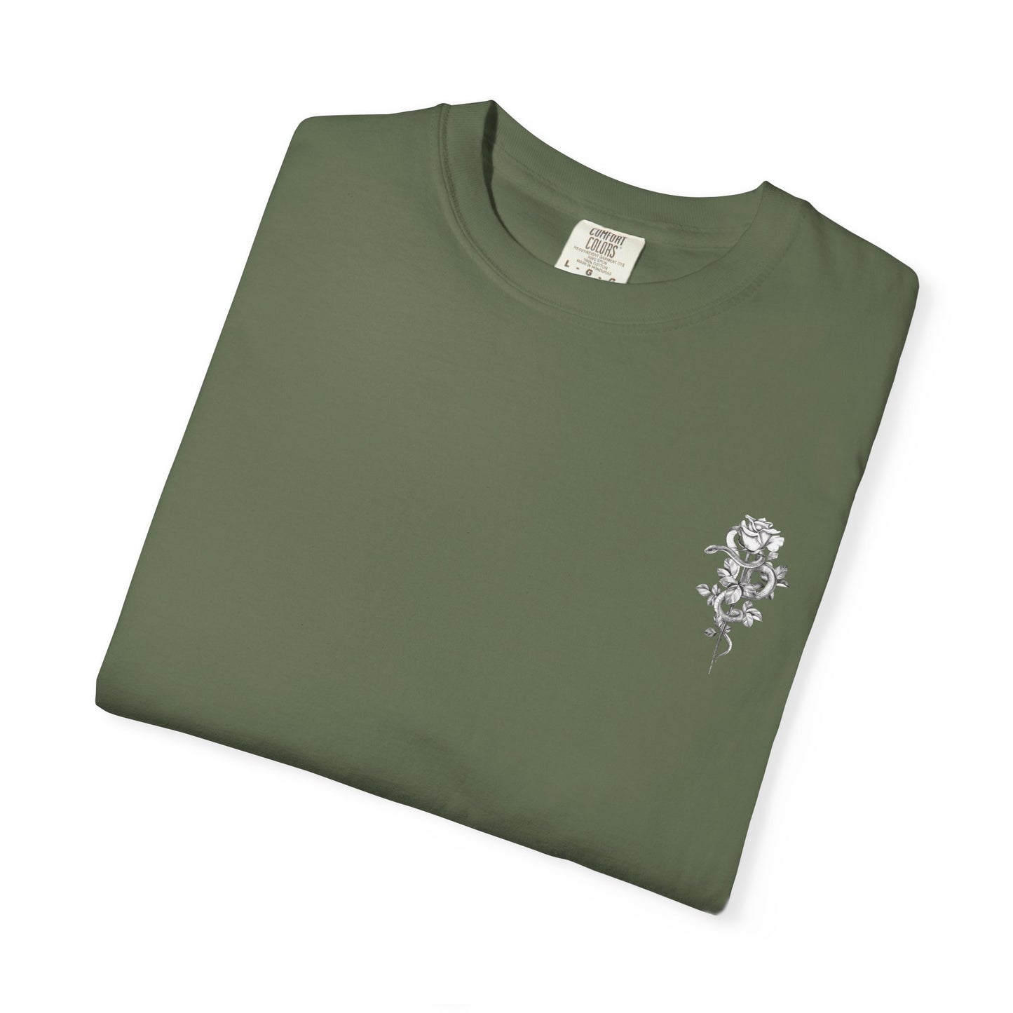 Unisex Garment-Dyed T-shirt with mala hierba nunca muere, rose, and serpent design