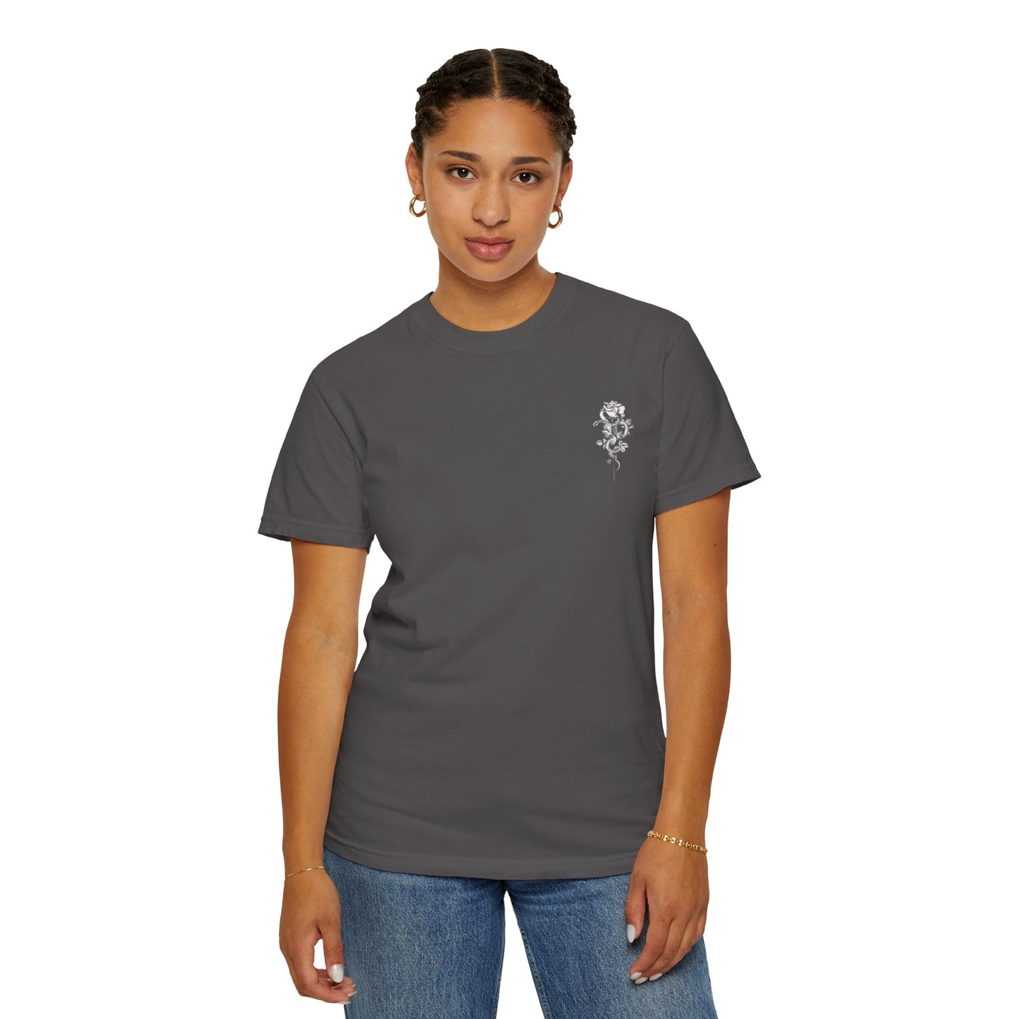 Unisex Garment-Dyed T-shirt with mala hierba nunca muere, rose, and serpent design