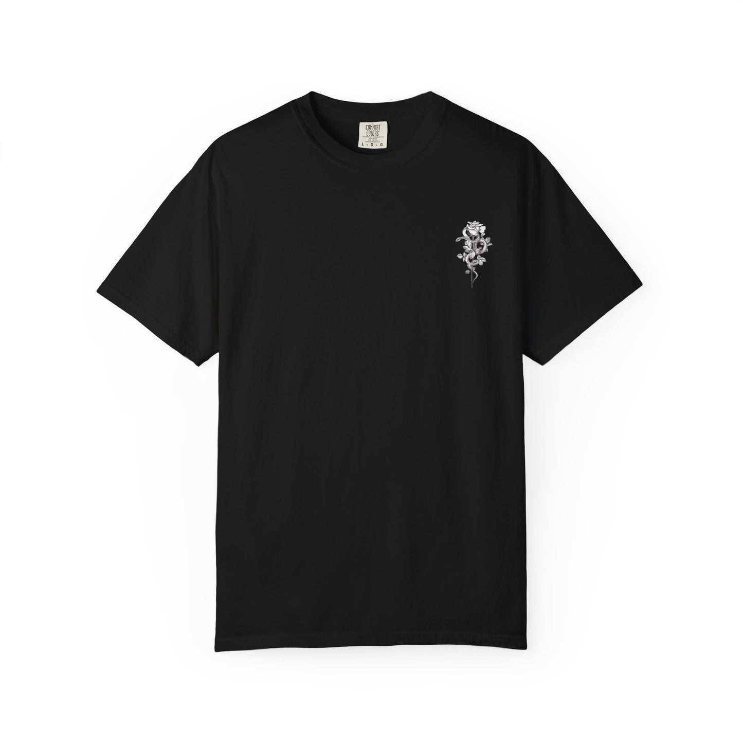 Unisex Garment-Dyed T-shirt with mala hierba nunca muere, rose, and serpent design