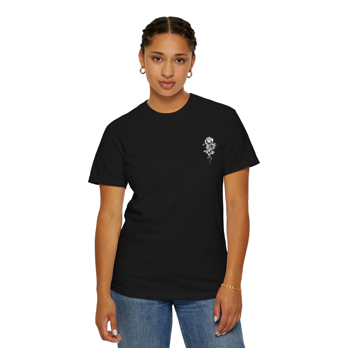 Unisex Garment-Dyed T-shirt with mala hierba nunca muere, rose, and serpent design