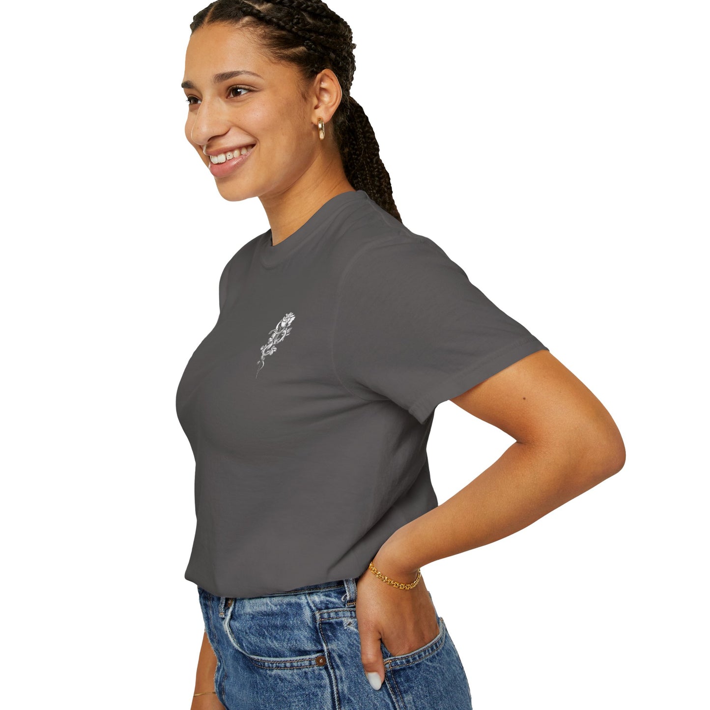 Unisex Garment-Dyed T-shirt with mala hierba nunca muere, rose, and serpent design
