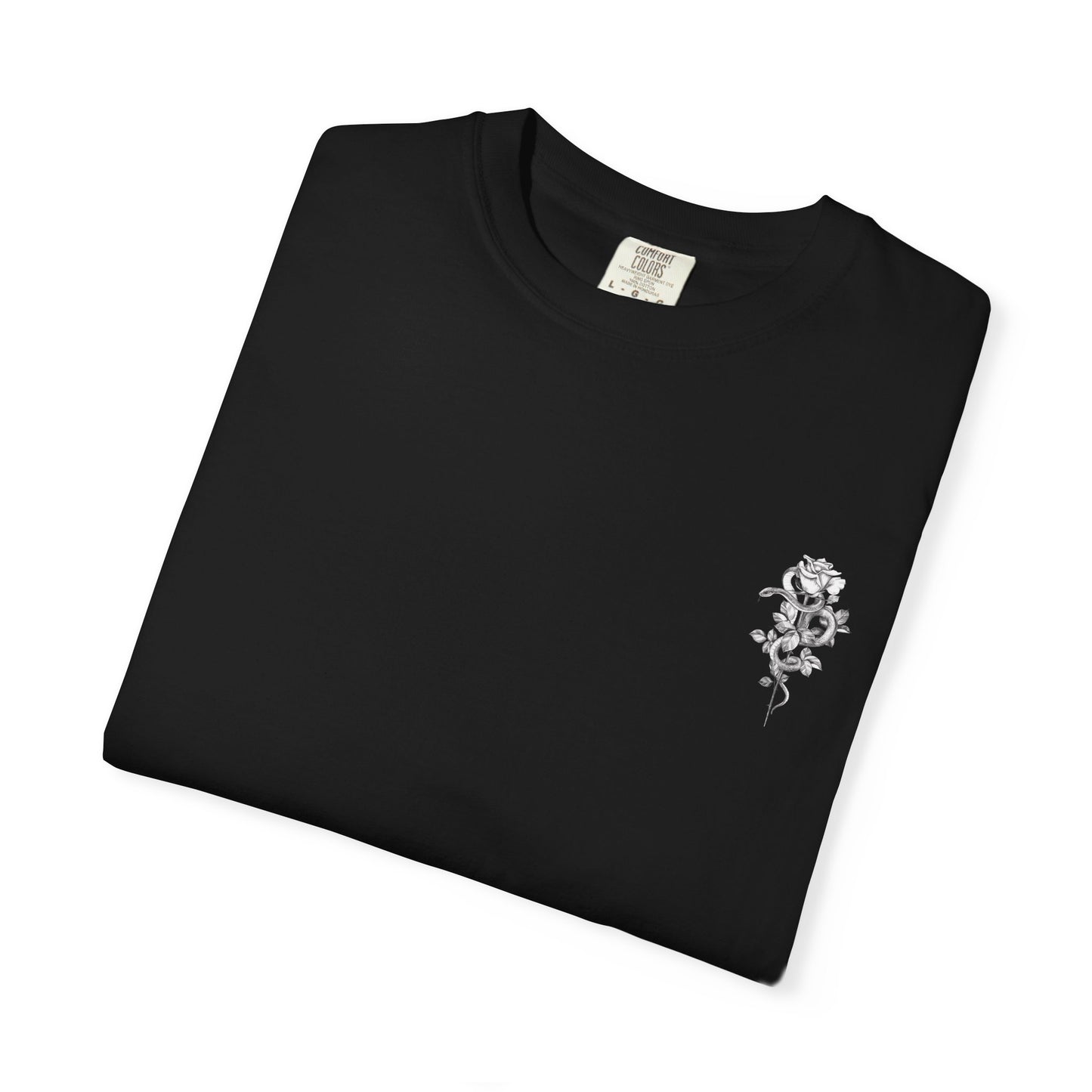 Unisex Garment-Dyed T-shirt with mala hierba nunca muere, rose, and serpent design