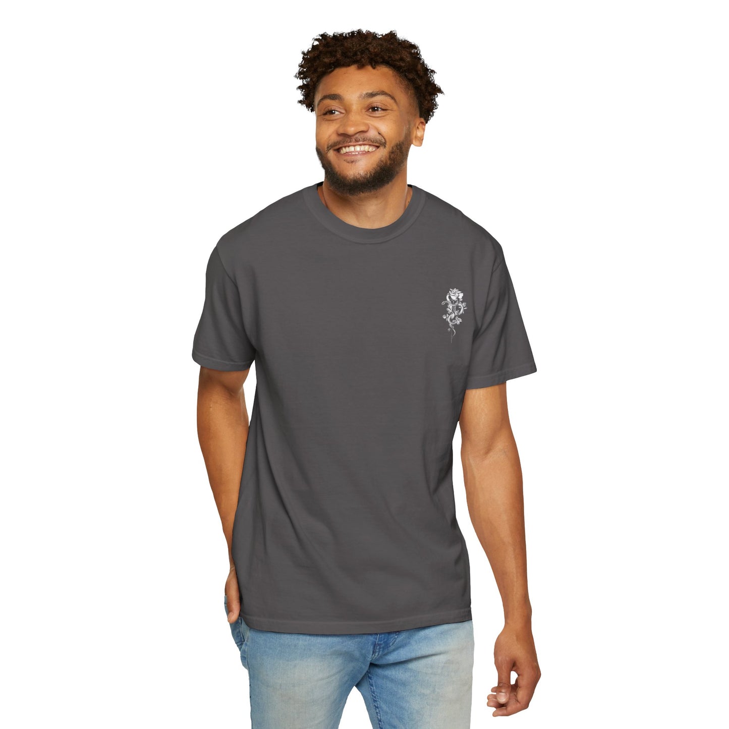Unisex Garment-Dyed T-shirt with mala hierba nunca muere, rose, and serpent design