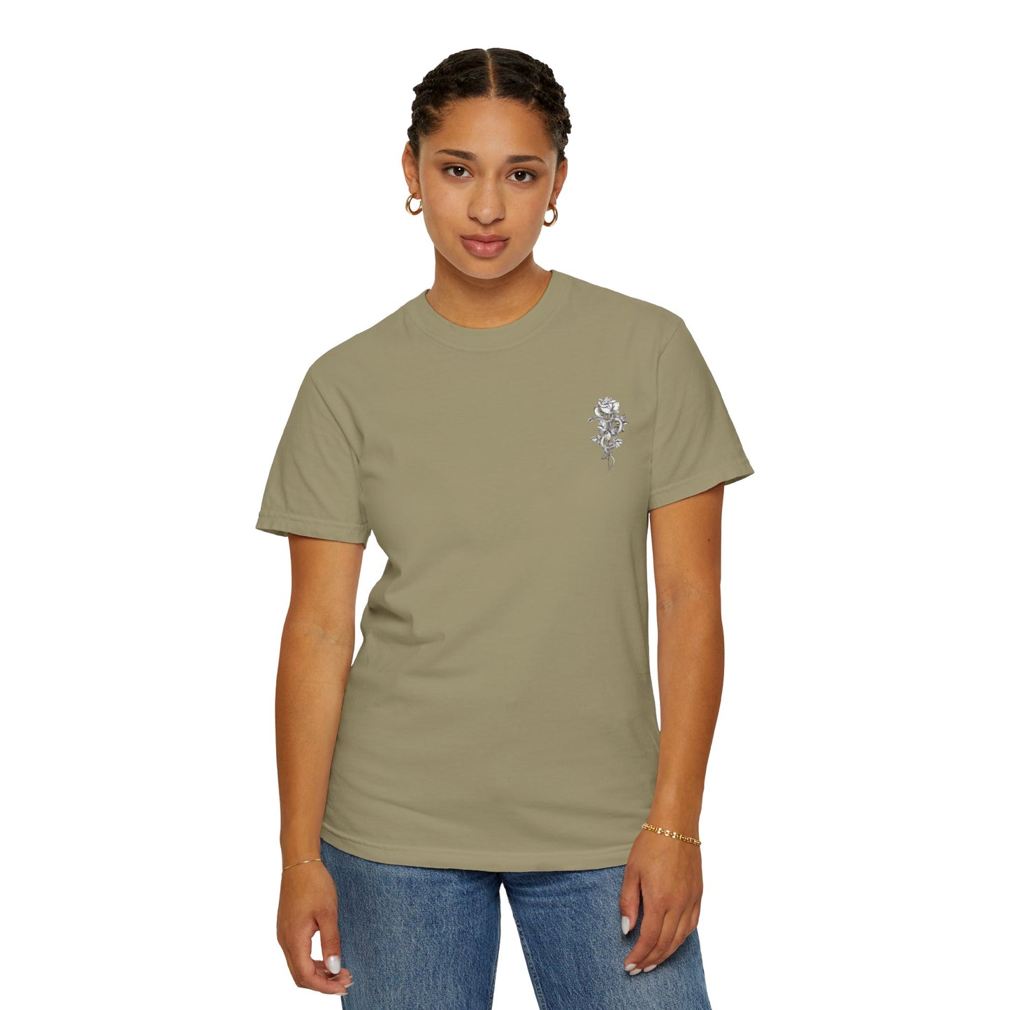Unisex Garment-Dyed T-shirt with mala hierba nunca muere, rose, and serpent design