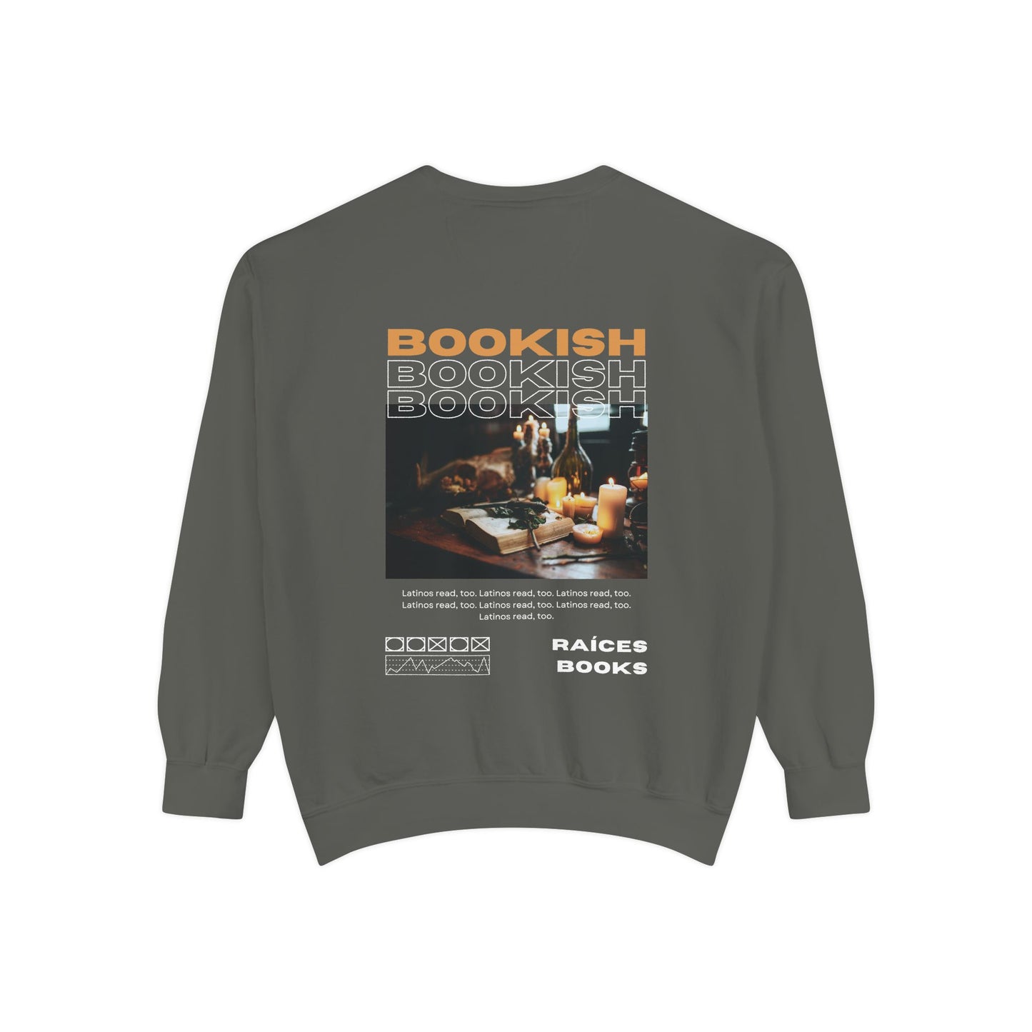 Bookish Latino Garment-Dyed Sweatshirt with Candles and Books Design