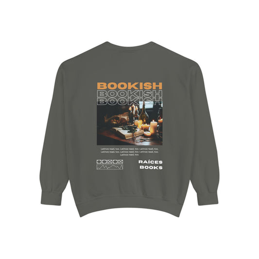 Bookish Latino Garment-Dyed Sweatshirt with Candles and Books Design