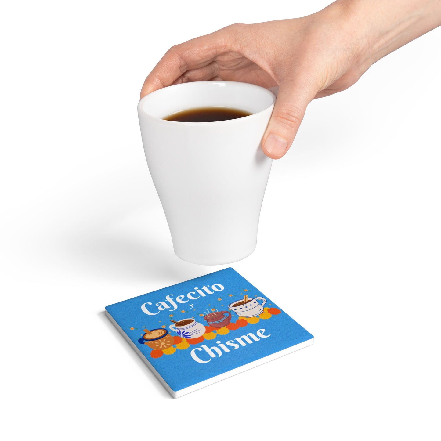Cafecito y Chisme Light Blue Ceramic Coaster