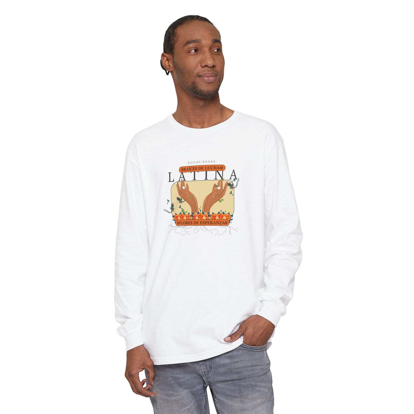 Unisex Long Sleeve Shirt - Raíces de Lucha, Flores de Esperanza Latina Quetzal Birds Design
