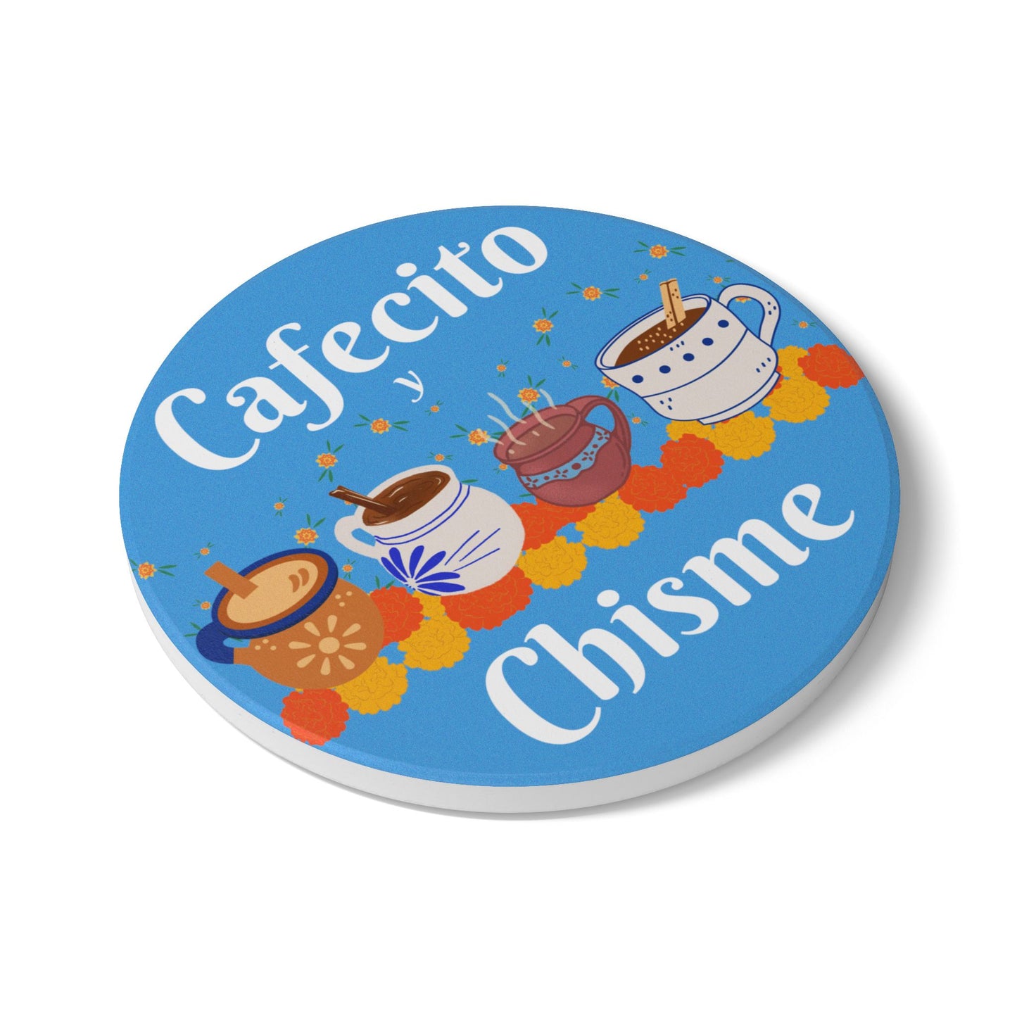 Cafecito y Chisme Light Blue Ceramic Coaster