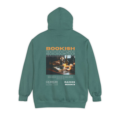 Bookish Latino Garment-Dyed Hoodie with Candles and Books Design