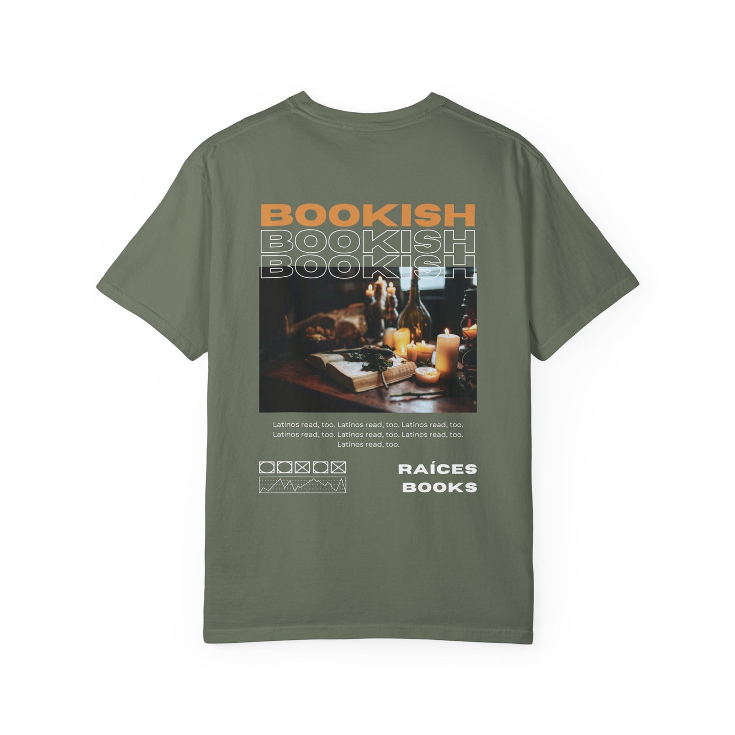 Bookish Latino Garment-Dyed T-shirt with Candles and Books Design