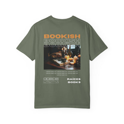 Bookish Latino Garment-Dyed T-shirt with Candles and Books Design