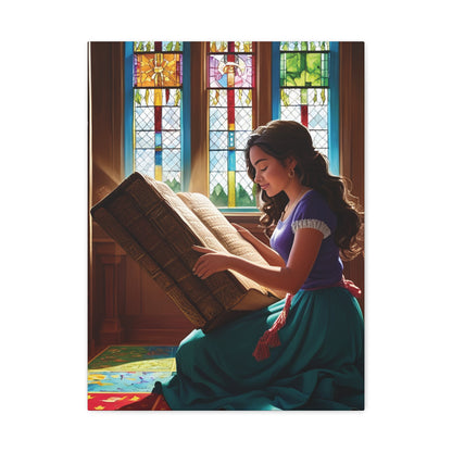 Canvas Wall Art - Latina Reading Magical Book in Library